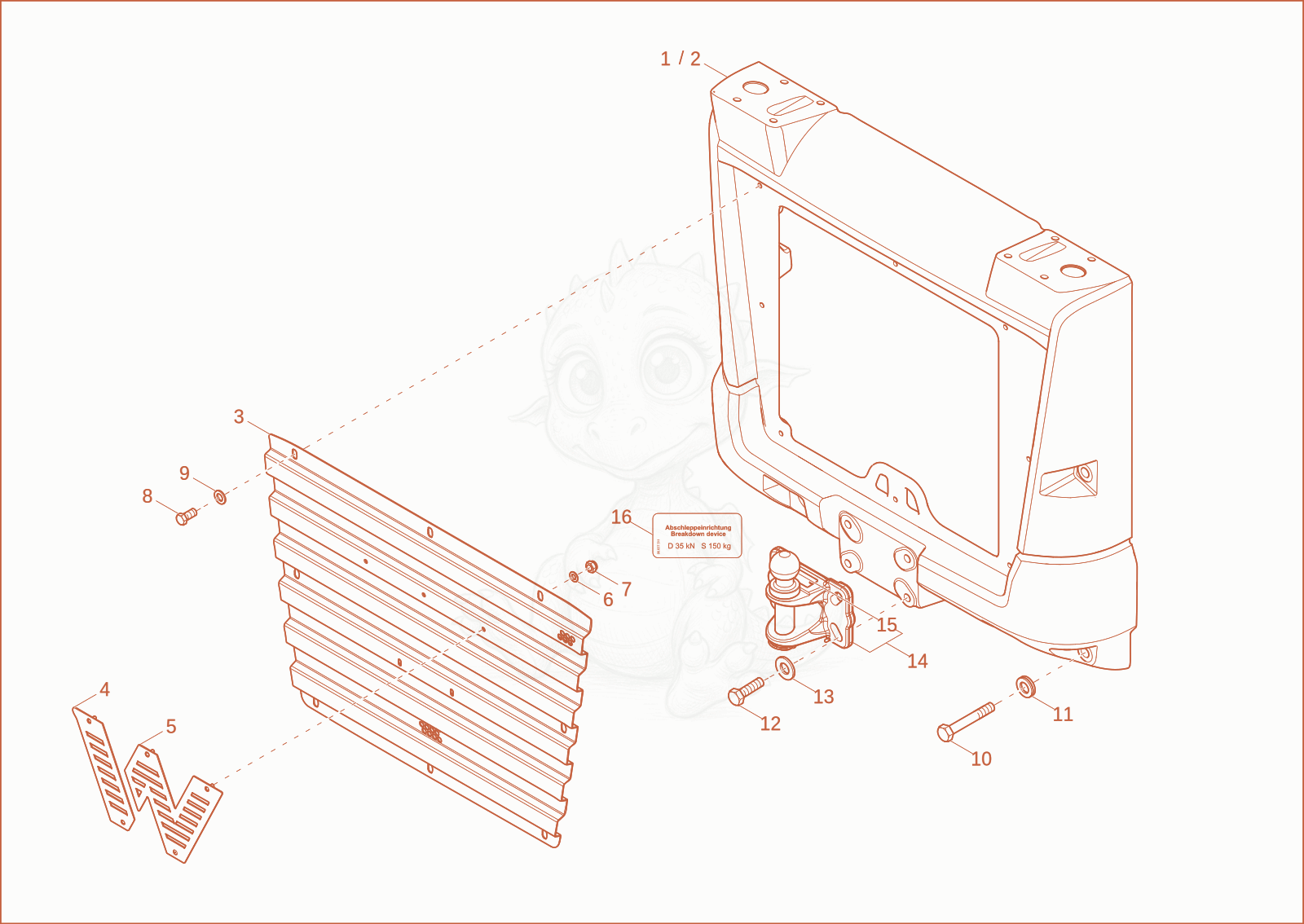 Exploded parts diagram of the bumper of a Wacker Neuson DW20, with numbered balloons