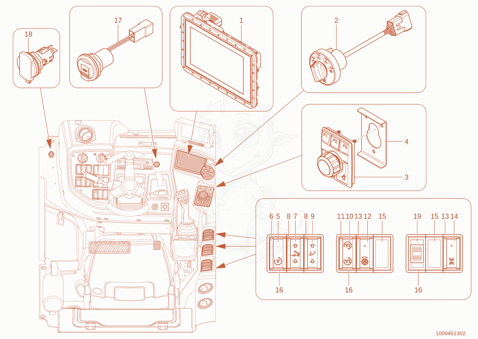 Exploded parts diagram of the Instrument panel of a Wacker Neuson TH955(416-36), with numbered balloons