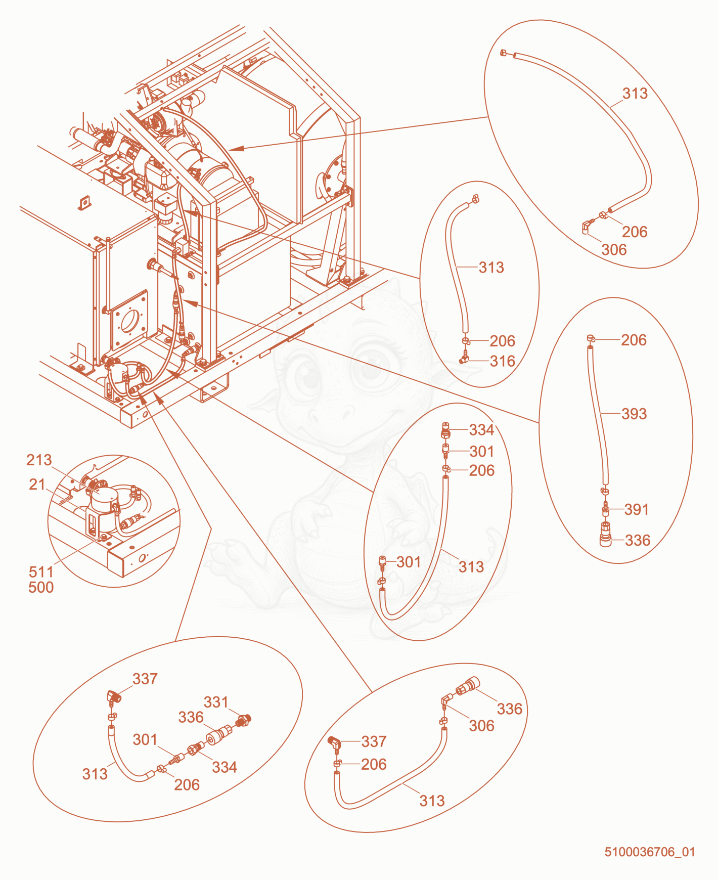Despiece del Fuel Hose Routing de una máquina Wacker Neuson HSH380S, con globos numerados