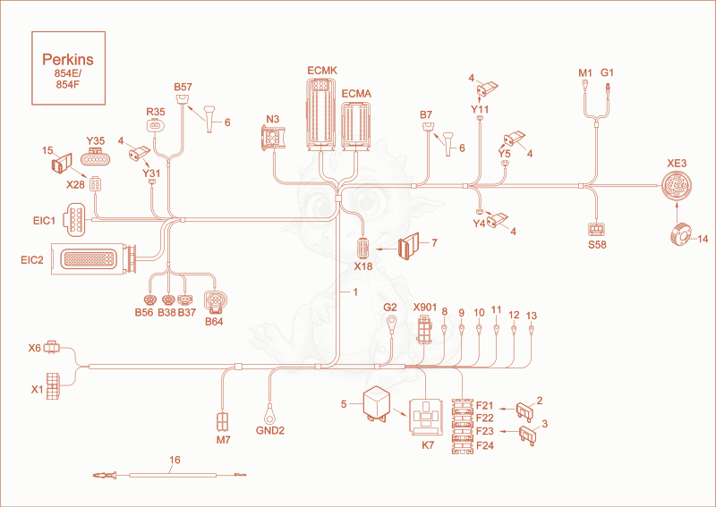 Exploded parts diagram of the wiring harness engine of a Wacker Neuson EW100, with numbered balloons