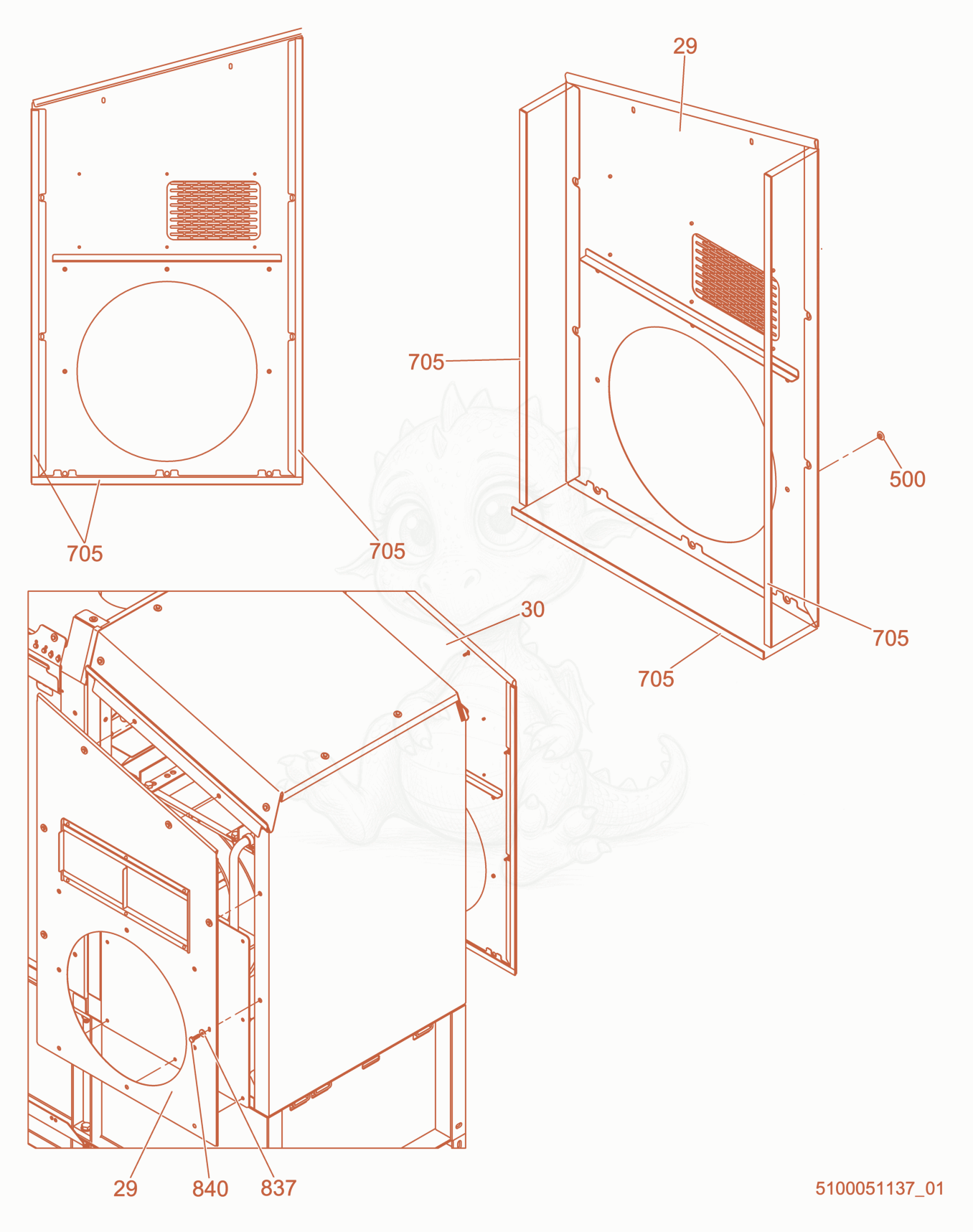 Exploded parts diagram of the Blower housing (shroud) of a Wacker Neuson HI1000, with numbered balloons
