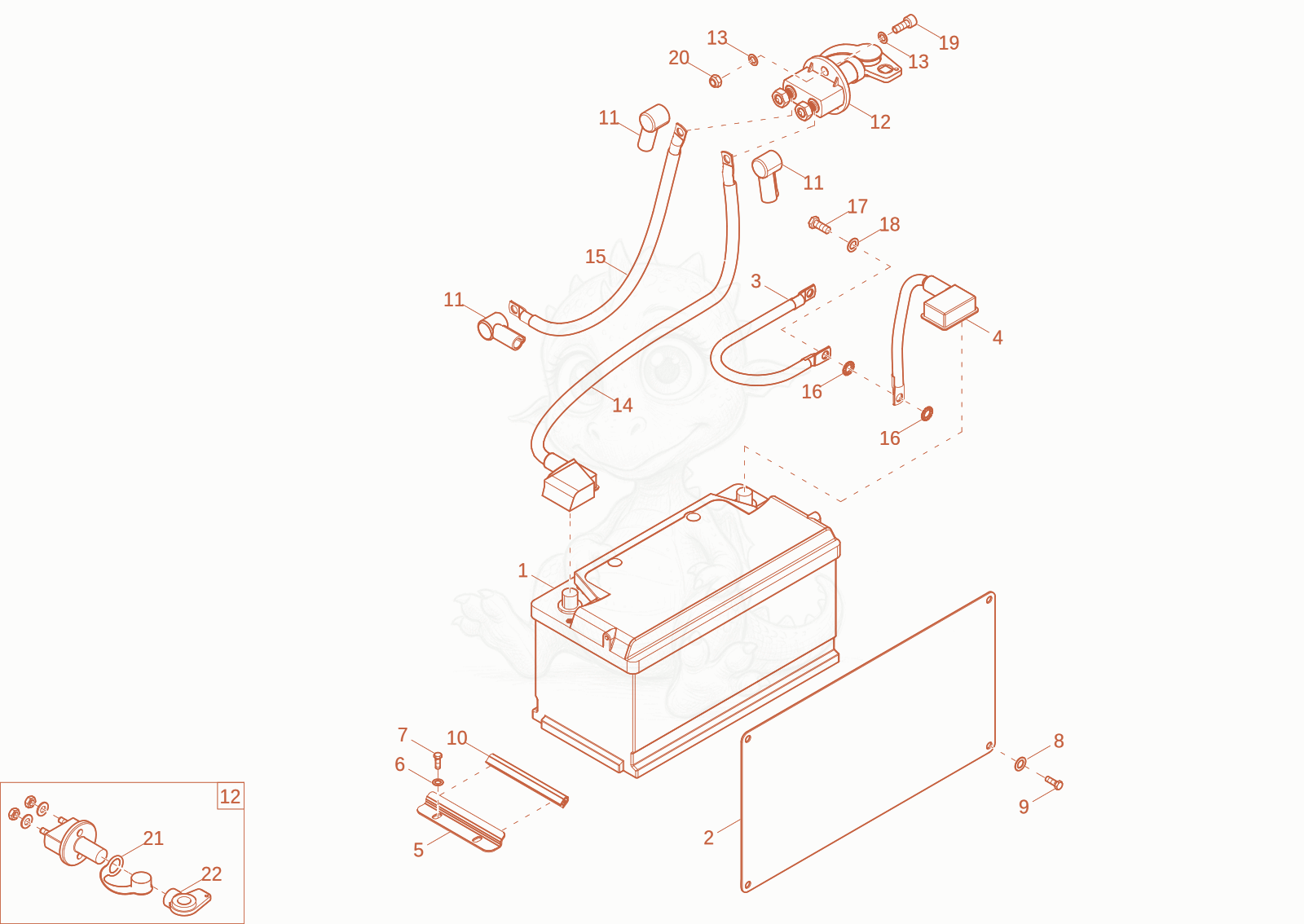 Exploded parts diagram of the battery of a Wacker Neuson DW40-2, with numbered balloons