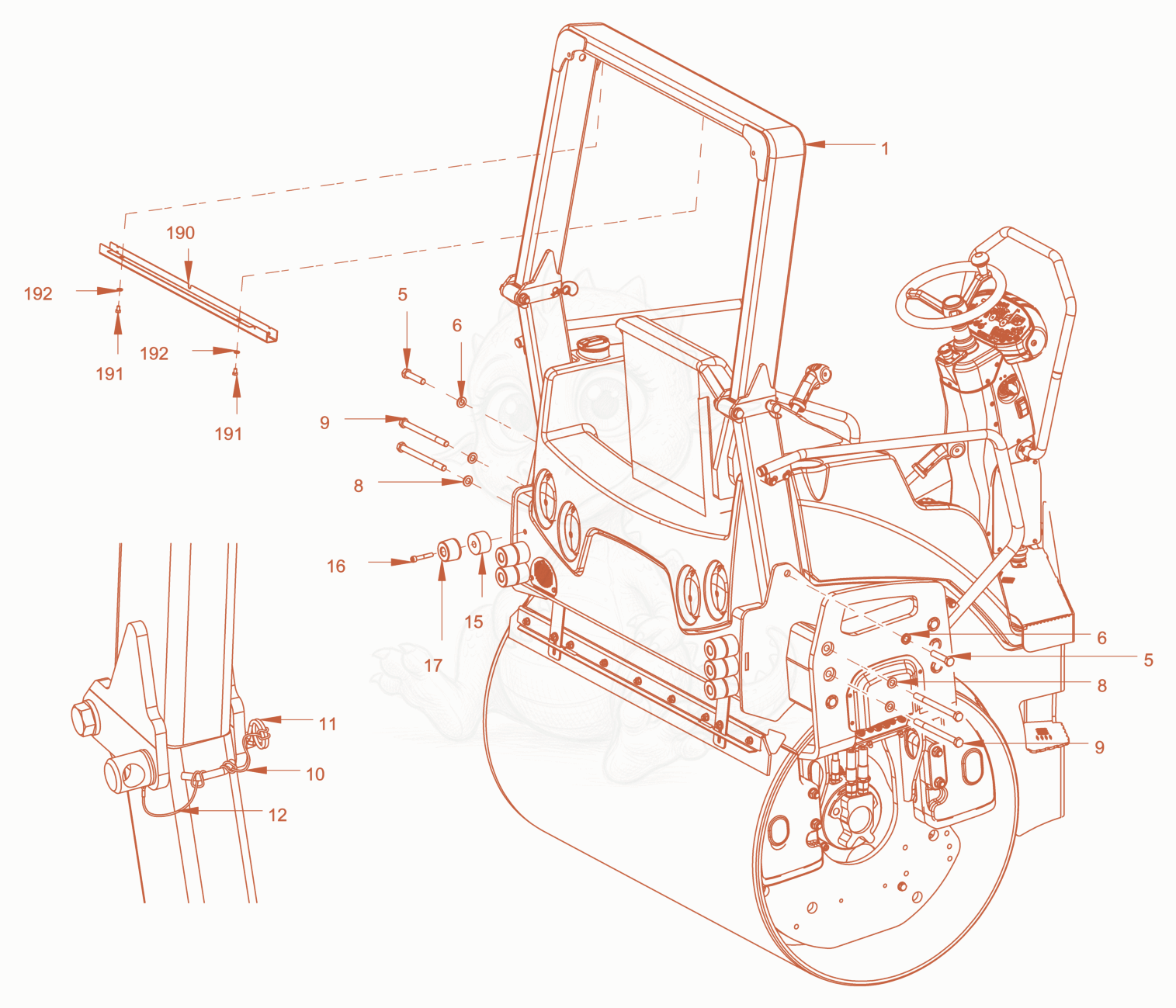 Exploded parts diagram of the foldable roll over protection of a Wacker Neuson RD45-140US, with numbered balloons