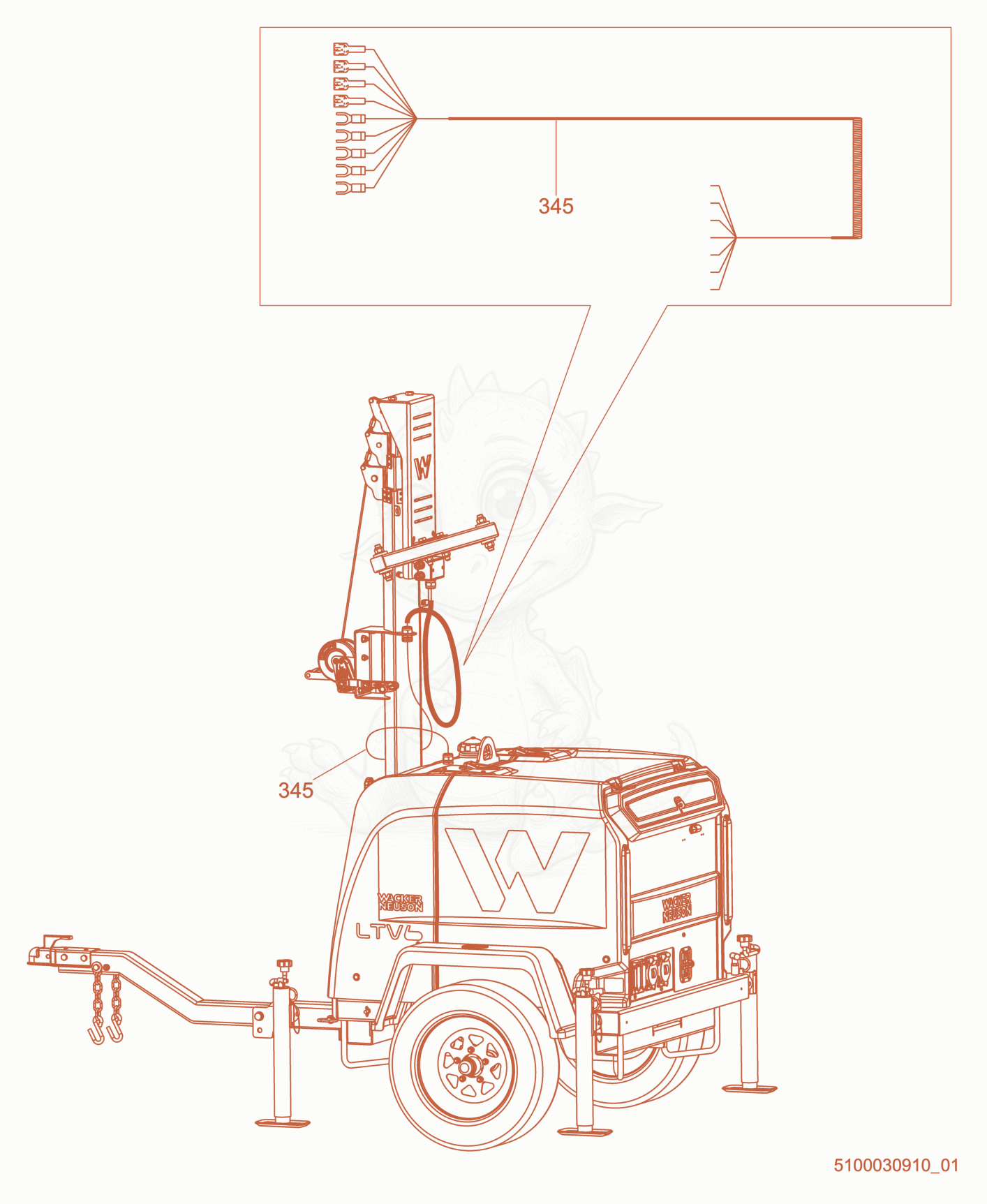 Exploded parts diagram of the Tower Coiled Cord Routing of a Wacker Neuson LTV6K, with numbered balloons