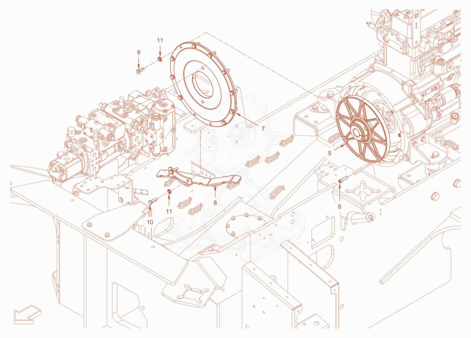 Exploded parts diagram of the pump drive and engine assembly of a Wacker Neuson RC110ROPS, with numbered balloons