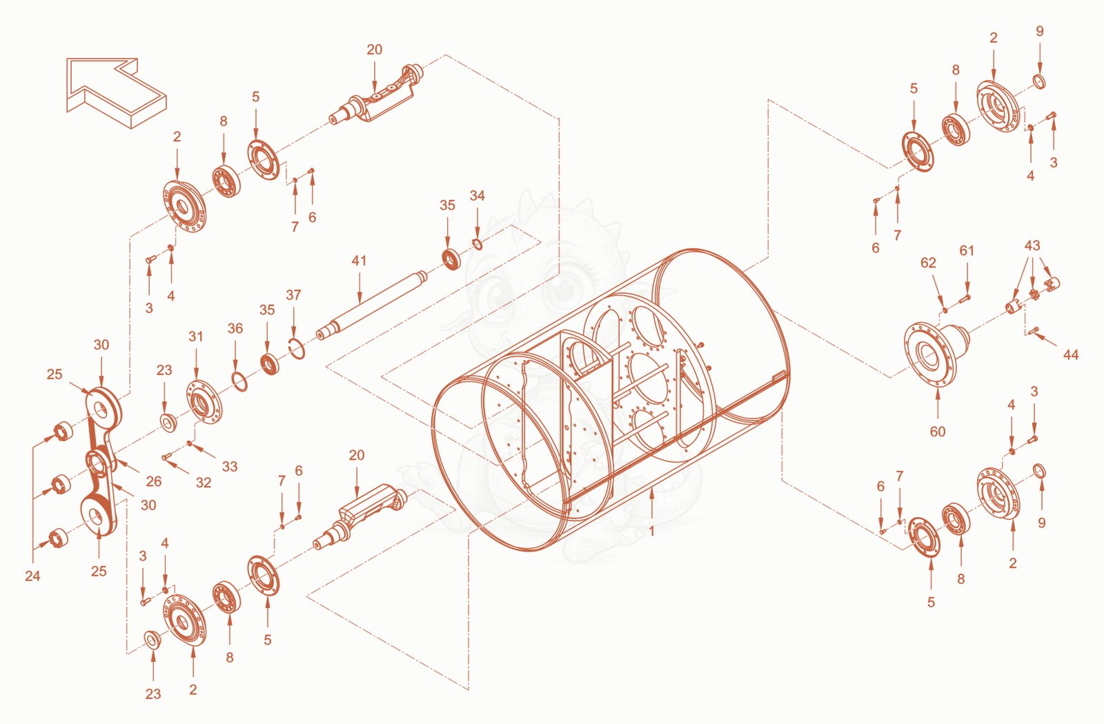 Exploded parts diagram of the roller drum with oscillator of a Wacker Neuson RD28-120CE, with numbered balloons