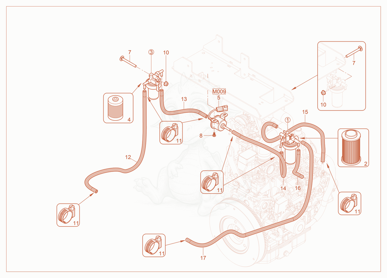 Exploded parts diagram of the Fuel System of a Wacker Neuson SM100, with numbered balloons