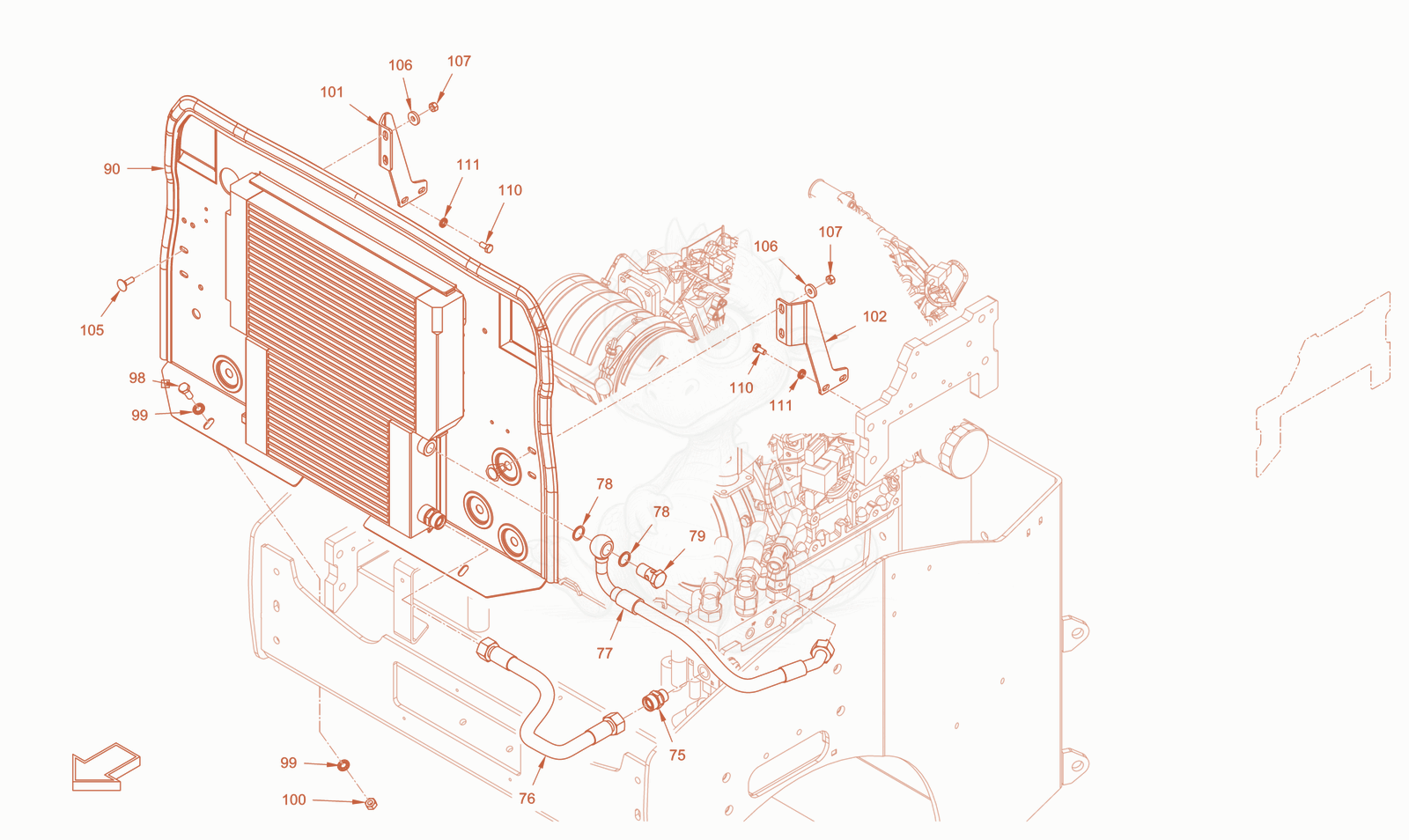 Exploded parts diagram of the cooling (engine/hydraulic oil) of a Wacker Neuson RD28-120DPF, with numbered balloons