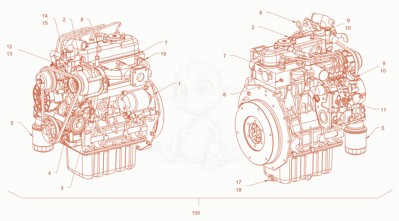 Exploded parts diagram of the pump drive and engine assembly of a Wacker Neuson RD18-100C.3, with numbered balloons