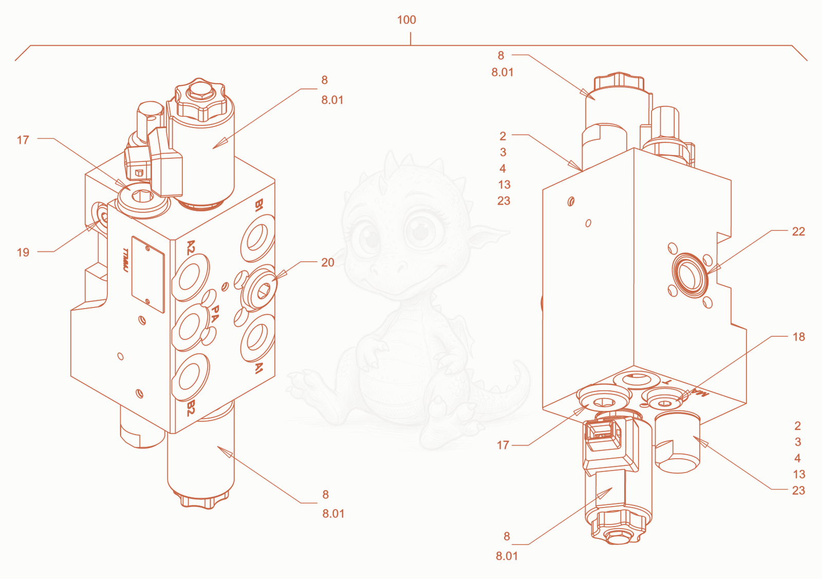 Exploded parts diagram of the valve block (changingover of vibration) of a Wacker Neuson RD24-100OUS, with numbered balloons