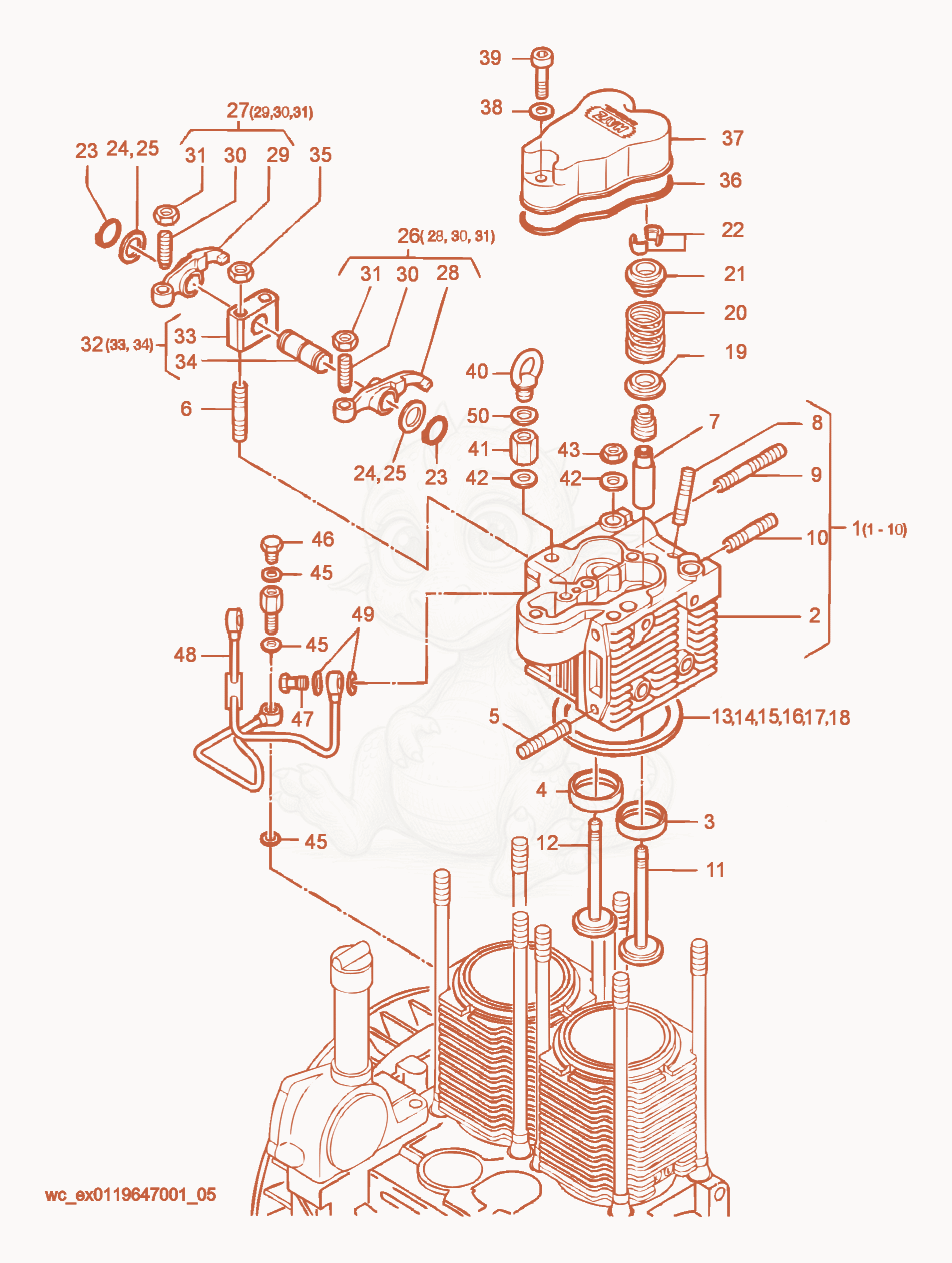 Exploded parts diagram of the Cylinder Head of a Wacker Neuson RD15, with numbered balloons