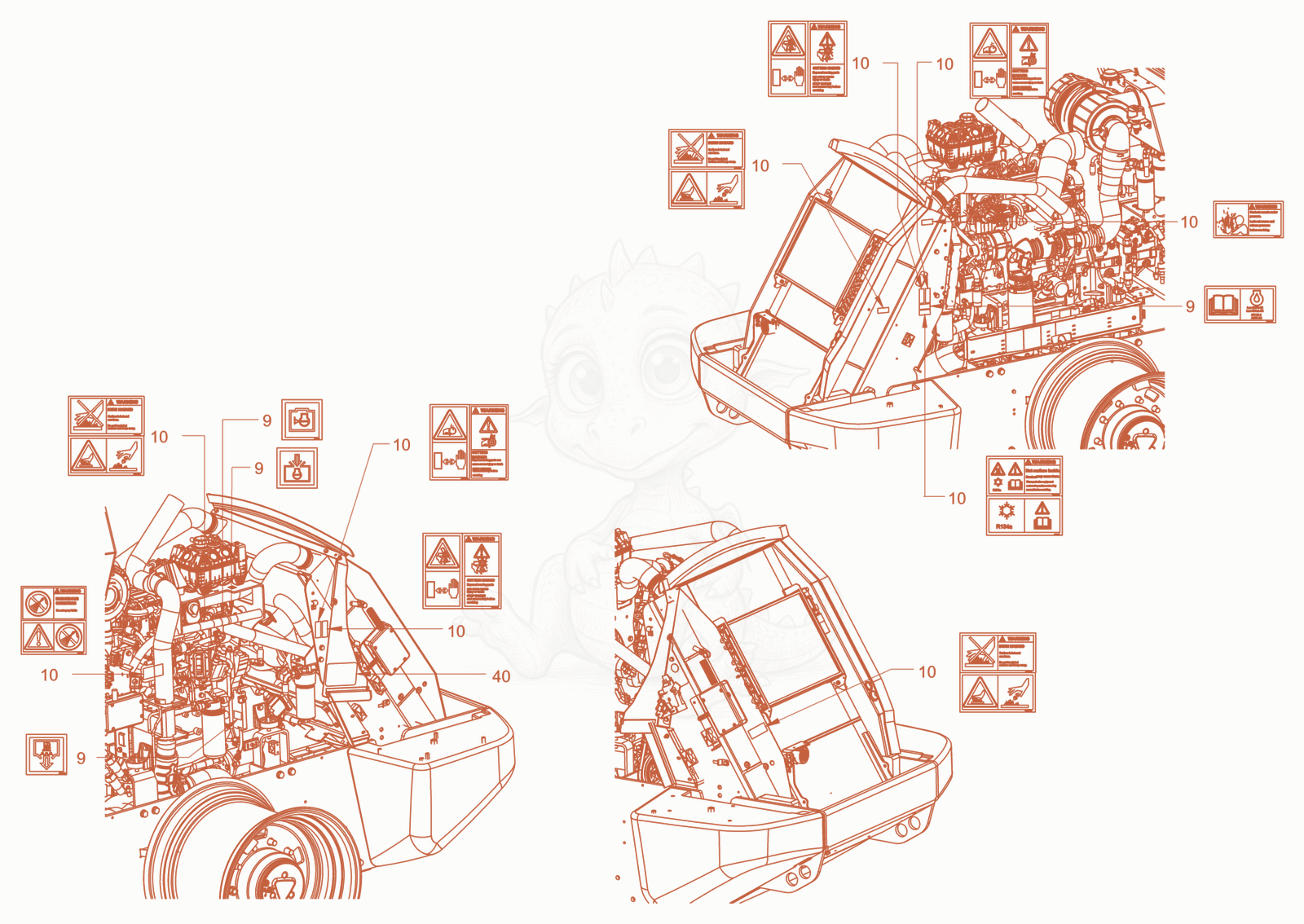 Exploded parts diagram of the sticker arrangement of a Wacker Neuson RC110PUSROPS, with numbered balloons