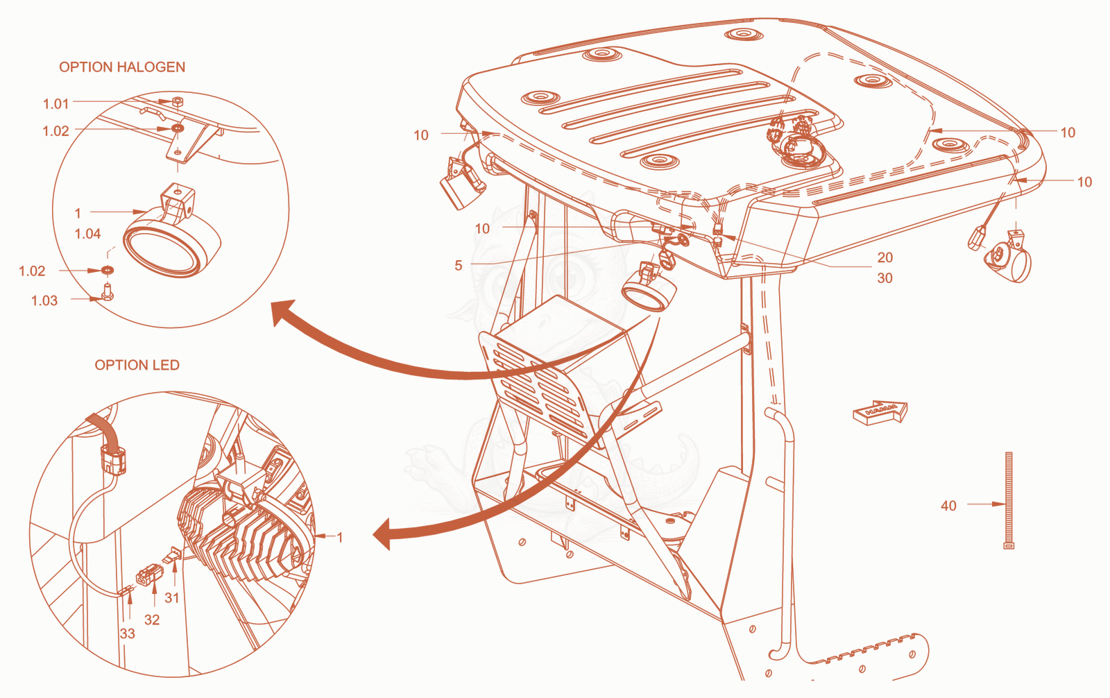 Exploded parts diagram of the additional lighting of a Wacker Neuson RC110PUSCAB, with numbered balloons