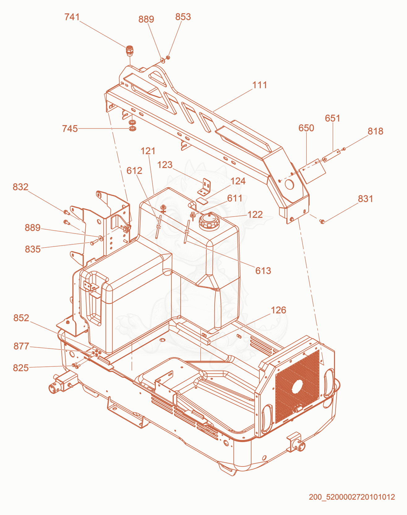 Exploded parts diagram of the Fuel Tank/Lifteye of a Wacker Neuson LTN6L-VS, with numbered balloons