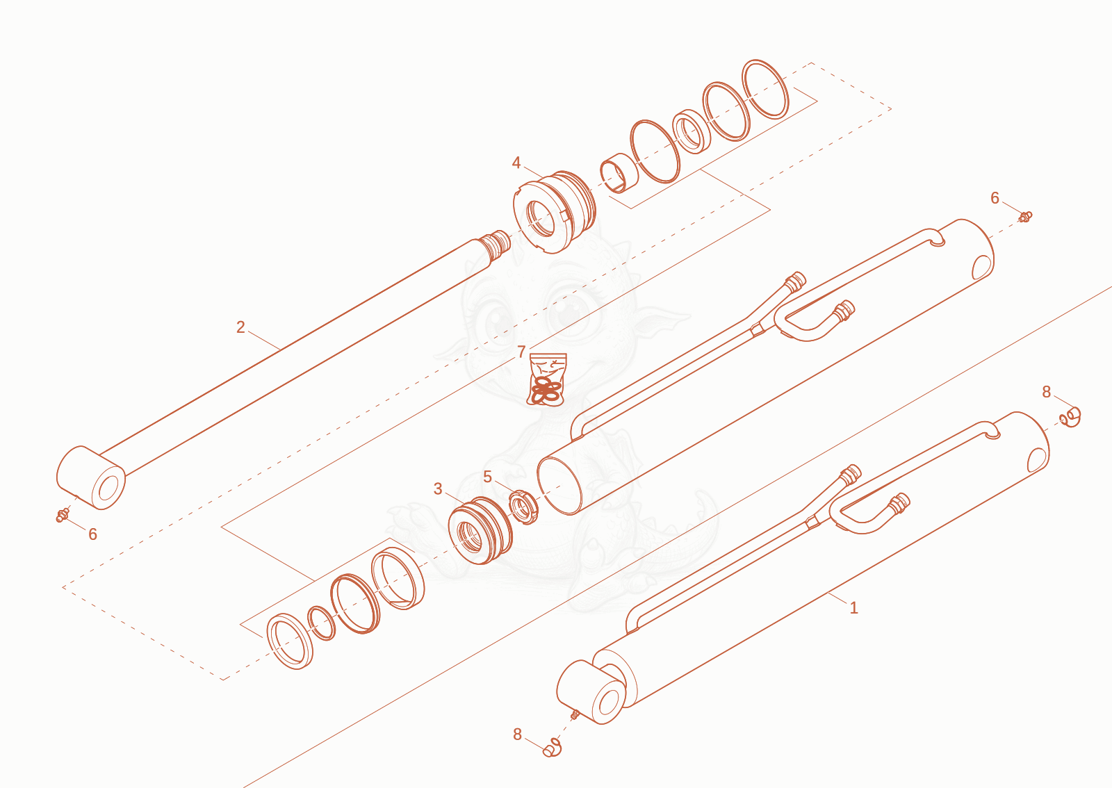 Exploded parts diagram of the tilt ram of a Wacker Neuson DW20-2, with numbered balloons