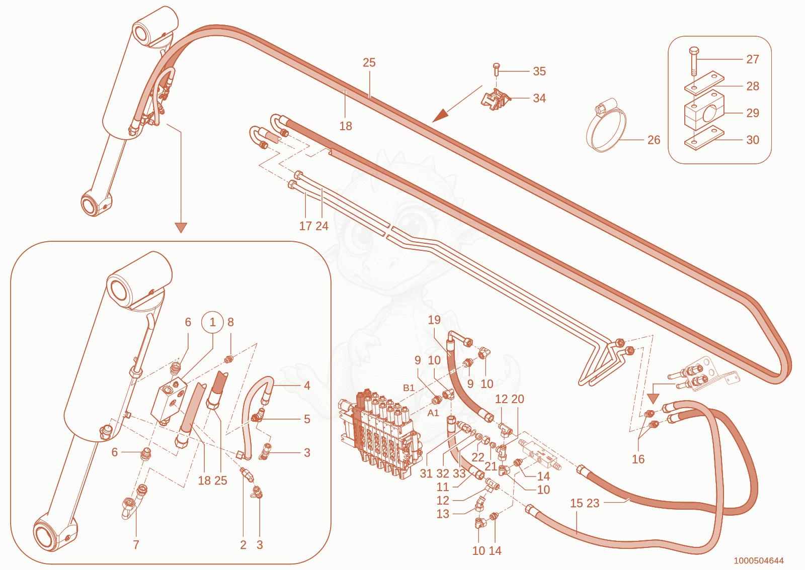 Exploded parts diagram of the Tilt ram cycle of a Wacker Neuson TH730(415-34), with numbered balloons