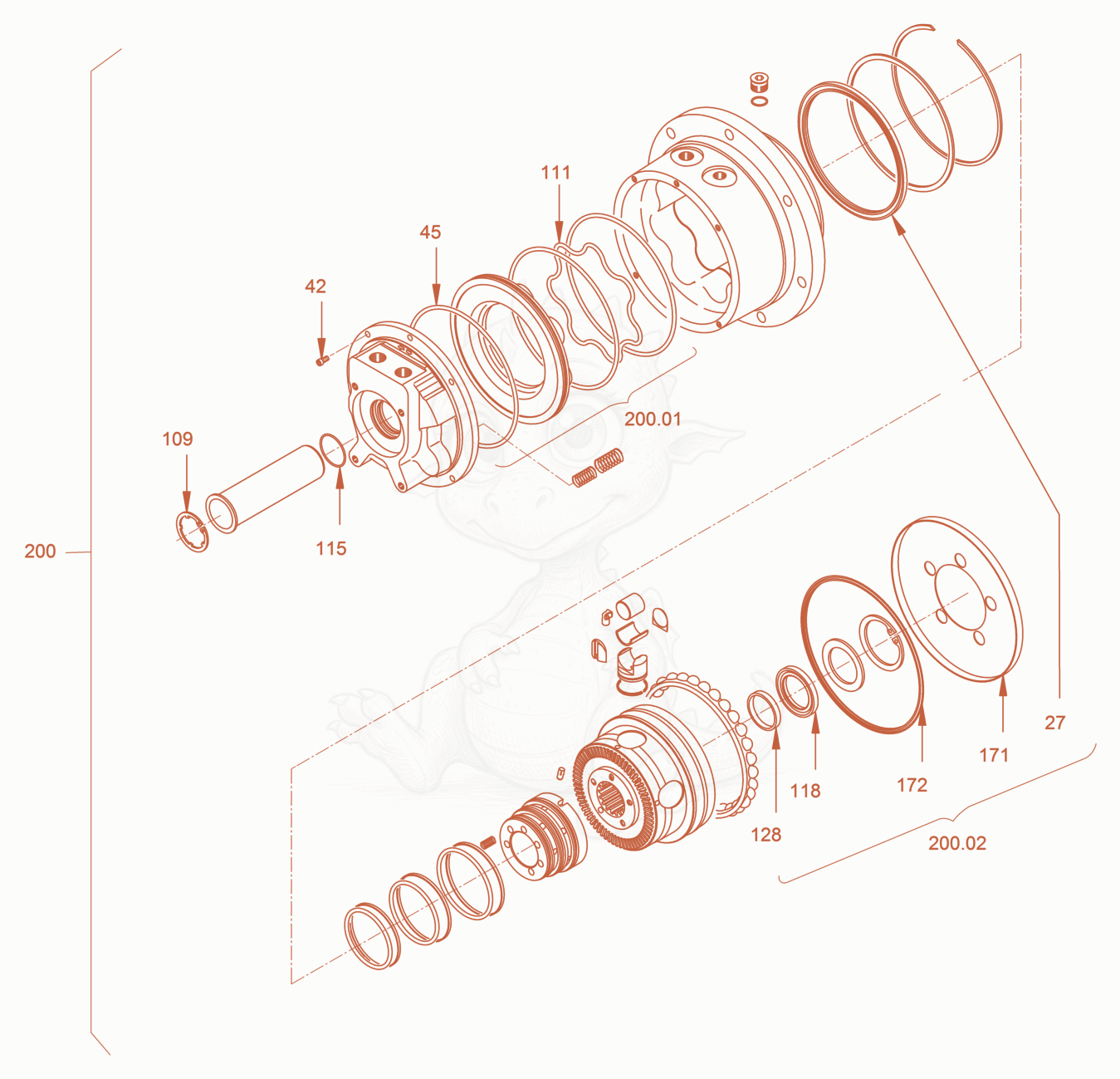 Exploded parts diagram of the gear hub motor of a Wacker Neuson RD18-80, with numbered balloons