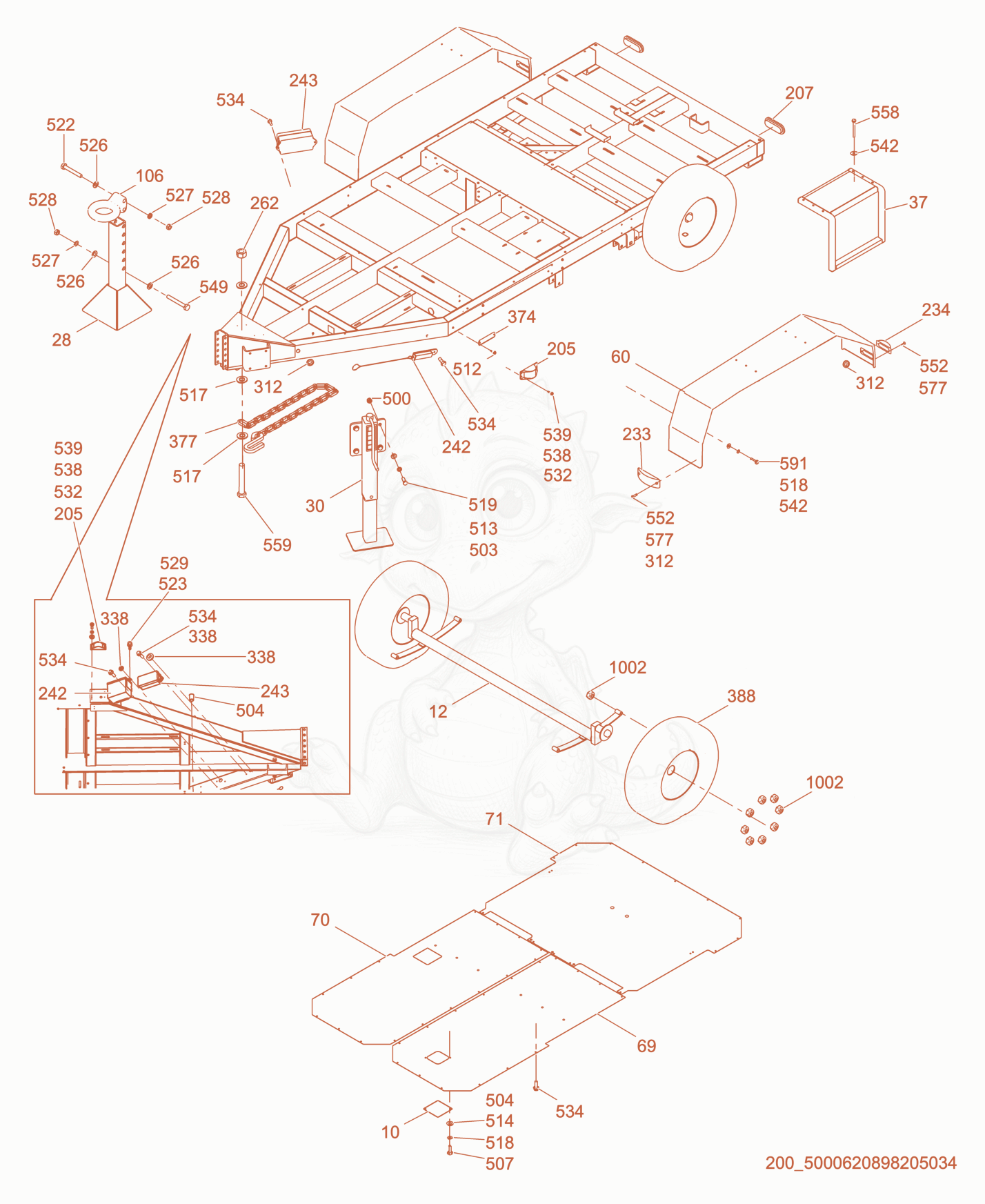 Exploded parts diagram of the Trailer cpl. of a Wacker Neuson E5000, with numbered balloons