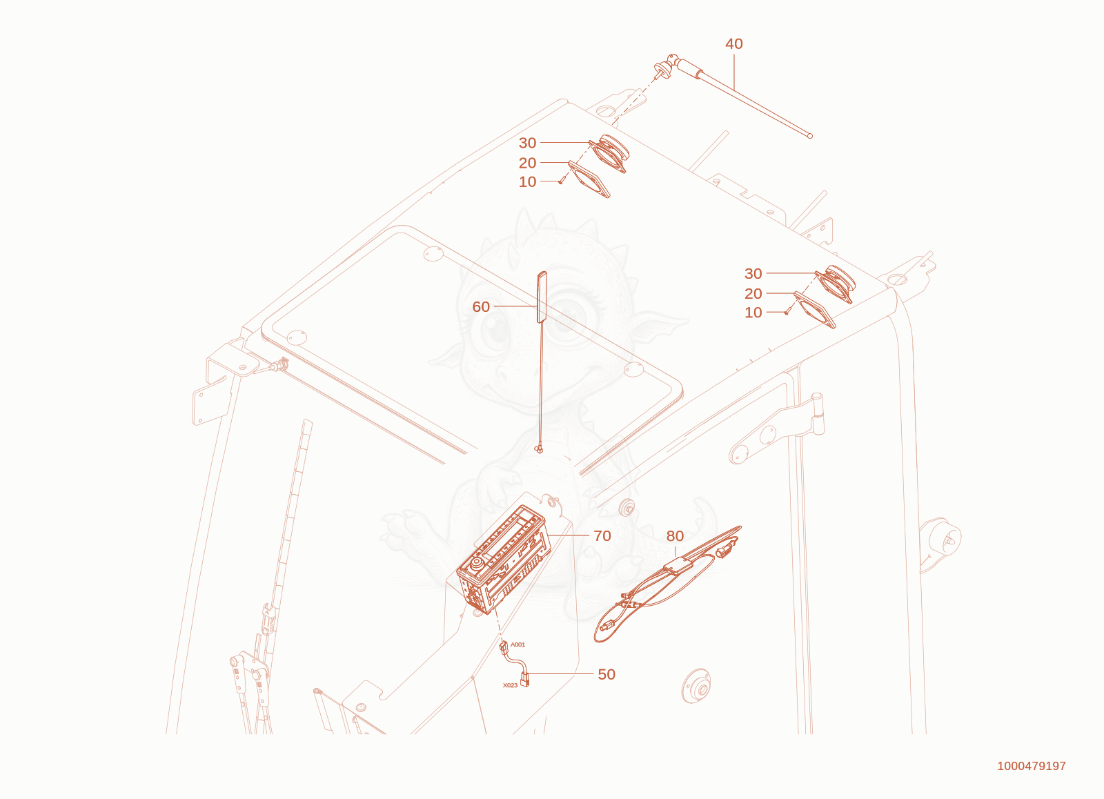 Exploded parts diagram of the radio of a Wacker Neuson WL300E(A15-01), with numbered balloons