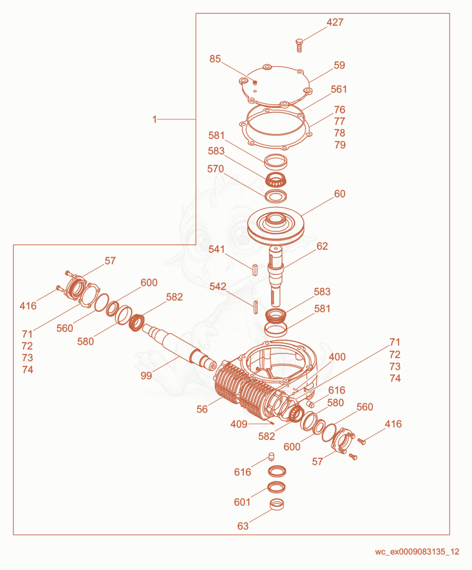 Exploded parts diagram of the Gearbox/Left Kit of a Wacker Neuson CRT36-23K-H, with numbered balloons