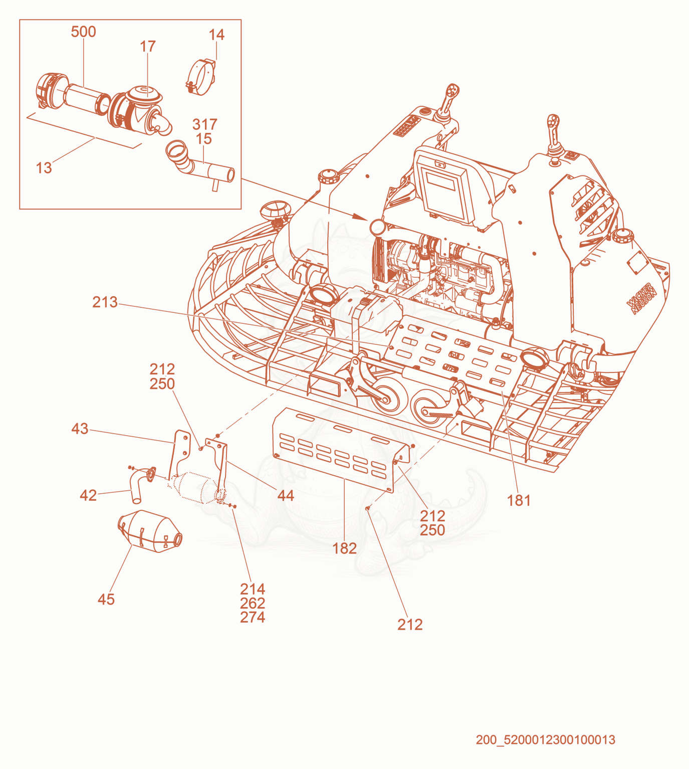 Exploded parts diagram of the Air cleaner/Rear panel of a Wacker Neuson CRT60-74L, with numbered balloons