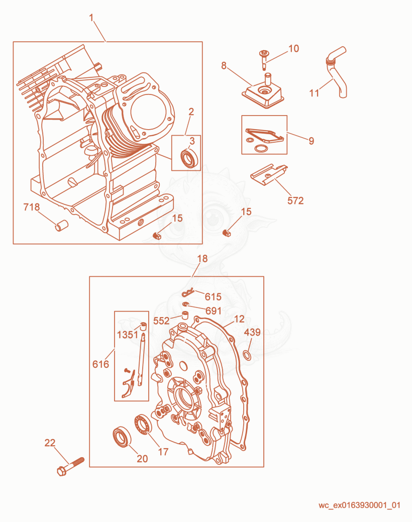 Exploded parts diagram of the Cylinder/Crankcase Cover of a Wacker Neuson GS8.5V, with numbered balloons