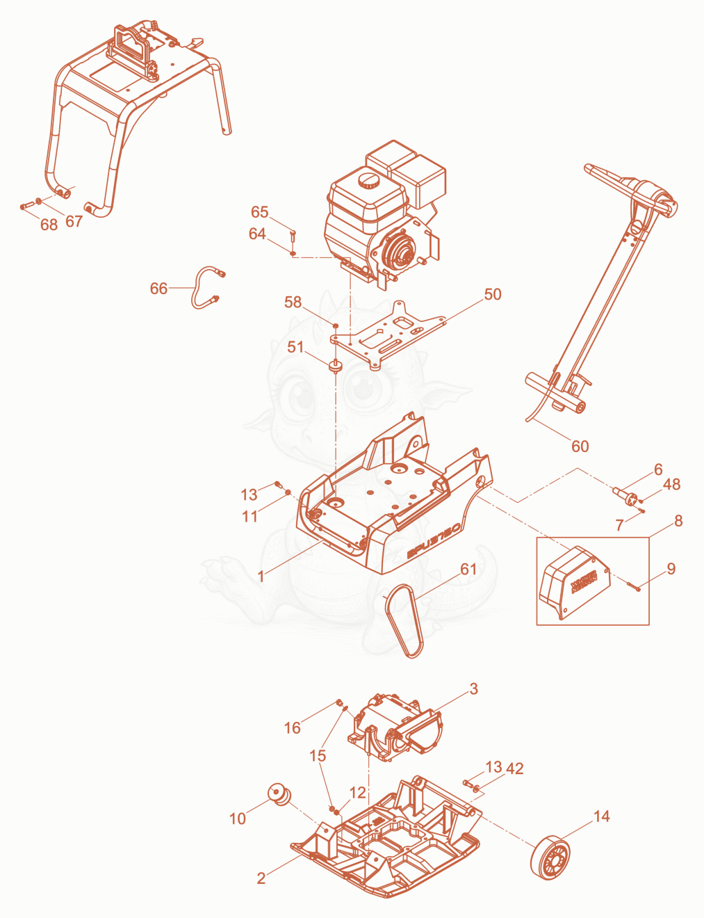 Exploded parts diagram of the Vibratory Plate cpl. of a Wacker Neuson BPU3750ATS, with numbered balloons