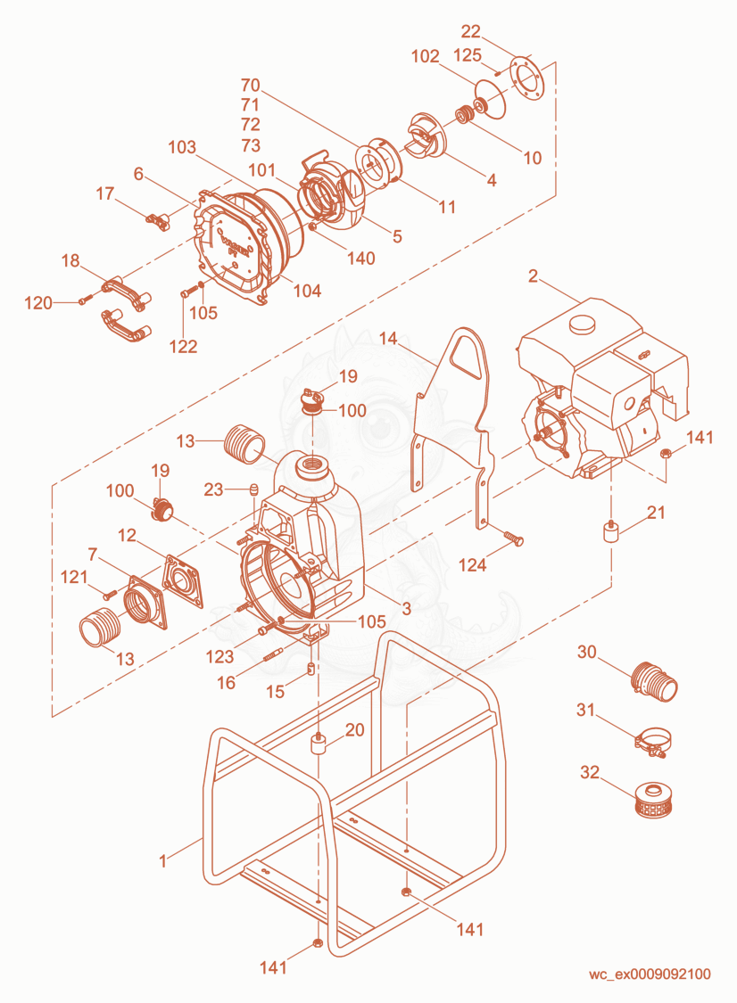 Exploded parts diagram of the Pump Components of a Wacker Neuson PT2, with numbered balloons