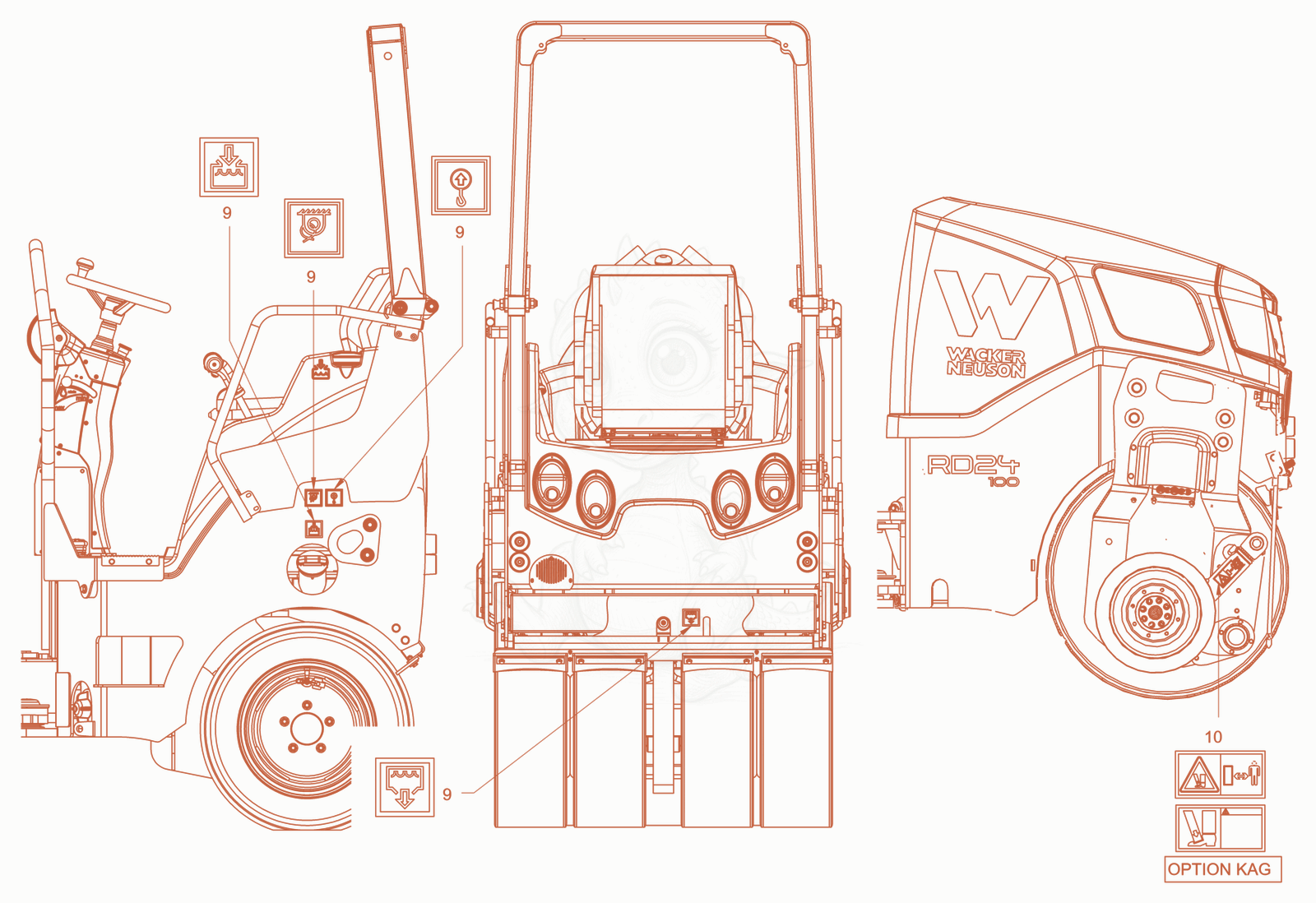 Exploded parts diagram of the sticker arrangement of a Wacker Neuson RD24-100OUS, with numbered balloons