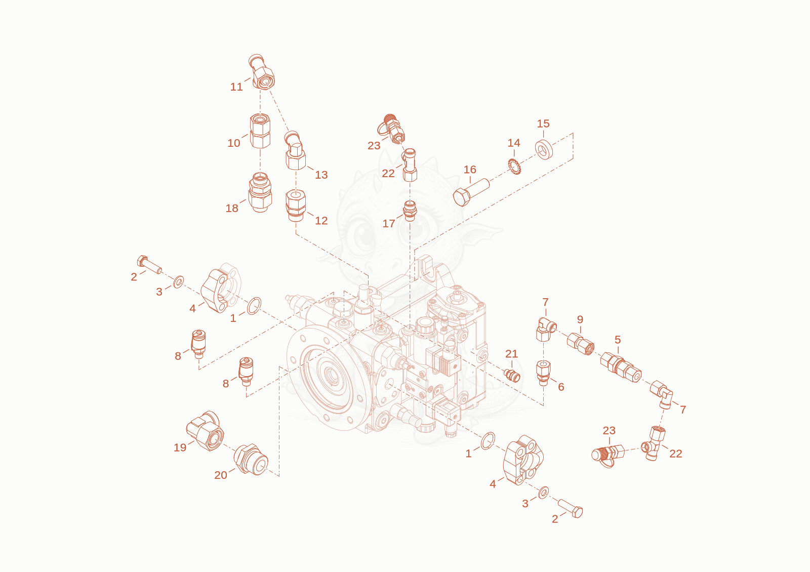 Exploded parts diagram of the screw joint displacement pump of a Wacker Neuson WL34, with numbered balloons