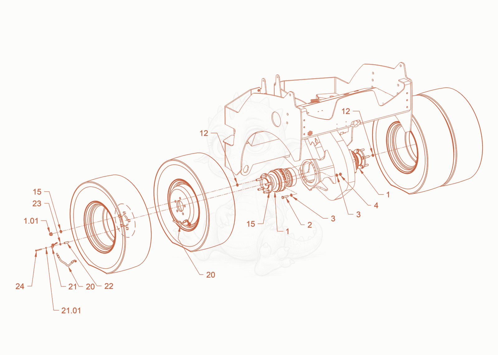 Exploded parts diagram of the suspension (tires) of a Wacker Neuson RD45-140C.3, with numbered balloons
