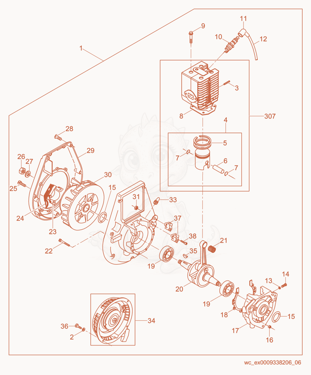 Exploded parts diagram of the Engine-WM 80 of a Wacker Neuson BS50-2I, with numbered balloons
