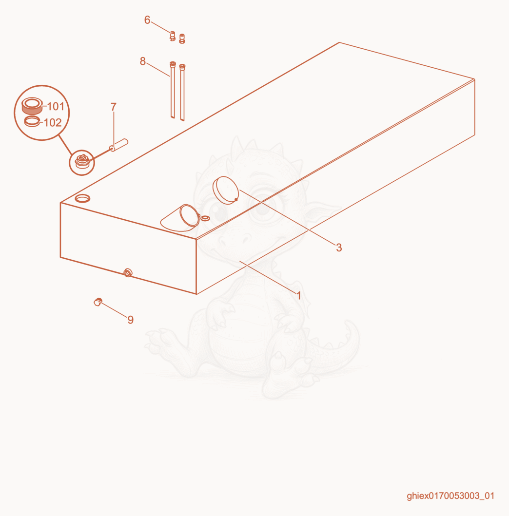 Exploded parts diagram of the Fuel Tank of a Wacker Neuson CUB700M, with numbered balloons