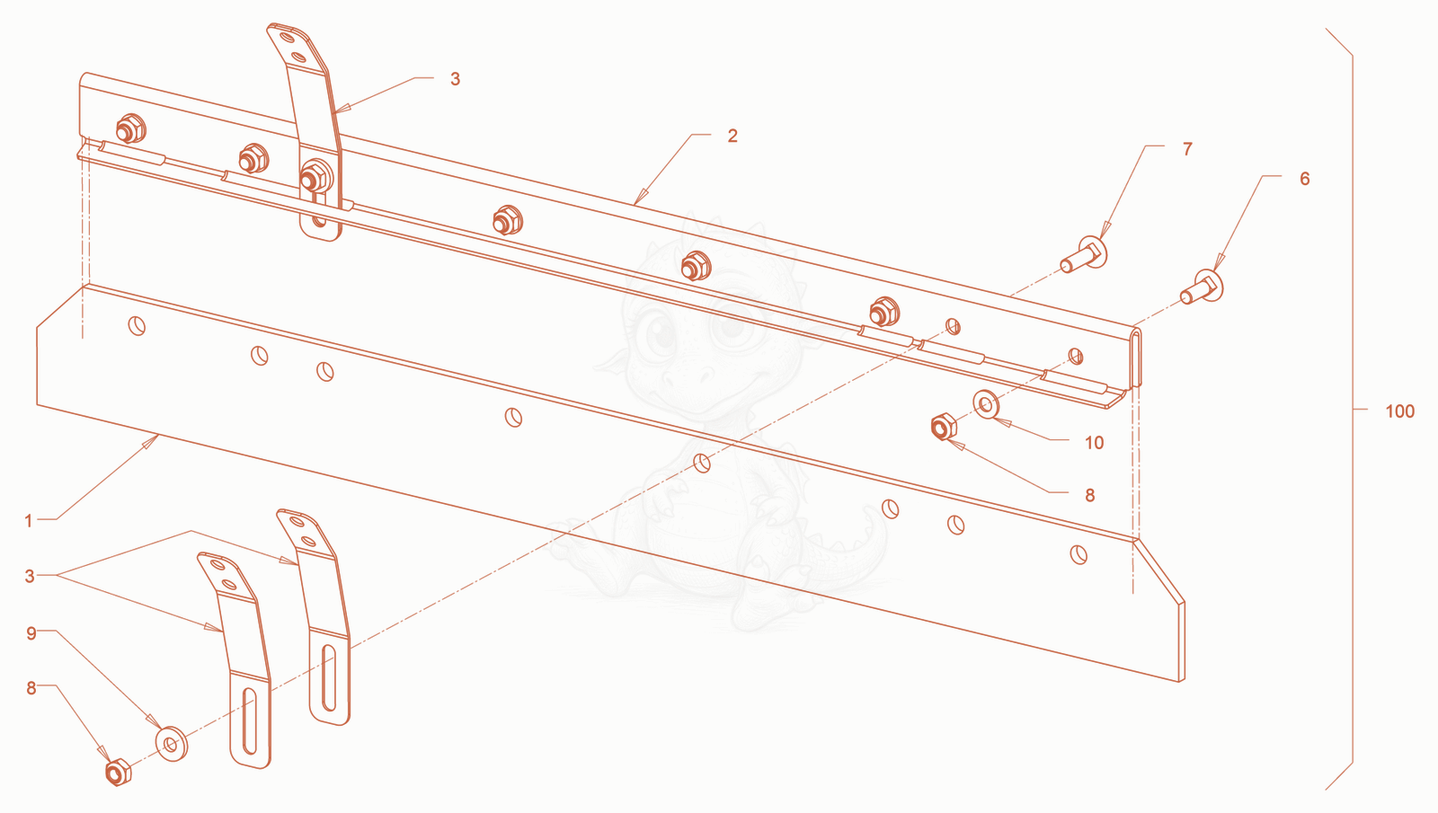 Exploded parts diagram of the scraper of a Wacker Neuson RD18-100C3, with numbered balloons