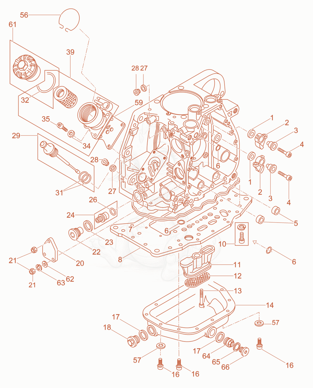 Exploded parts diagram of the Crankcase of a Wacker Neuson DPU4545H, with numbered balloons