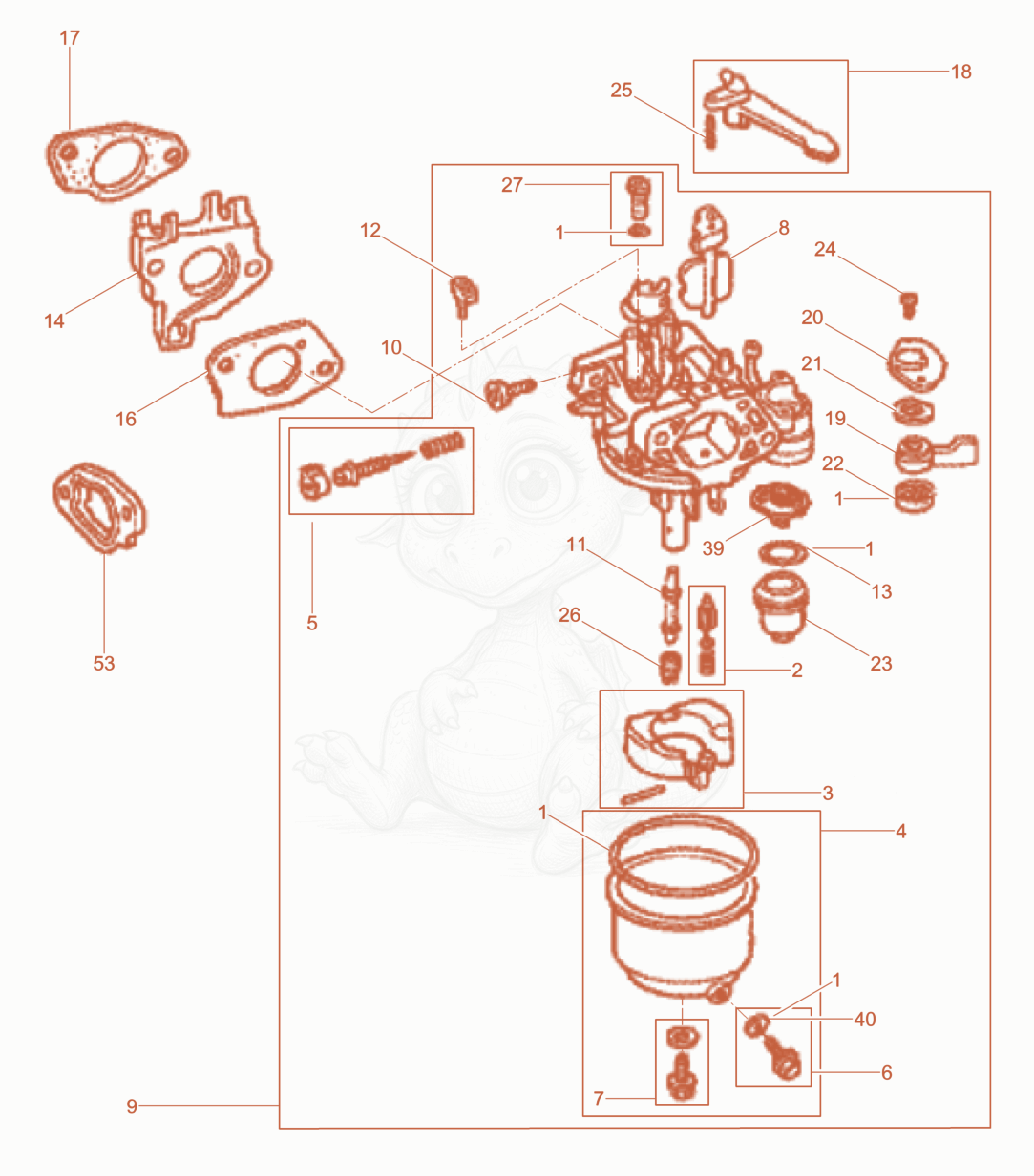 Despiece del Carburetor de una máquina Wacker Neuson RD7AFHRC, con globos numerados