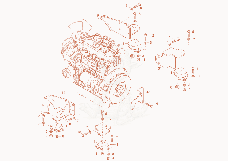 Despiece del Engine bedding de una máquina Wacker Neuson DT15, con globos numerados