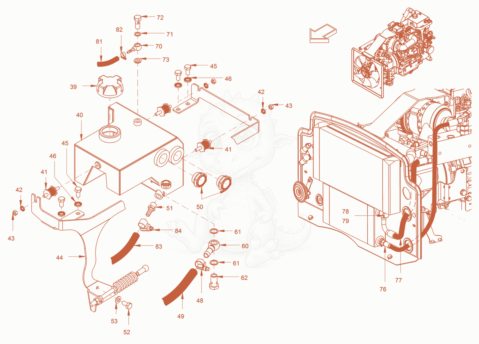 Exploded parts diagram of the cooling of a Wacker Neuson RD24-100C, with numbered balloons