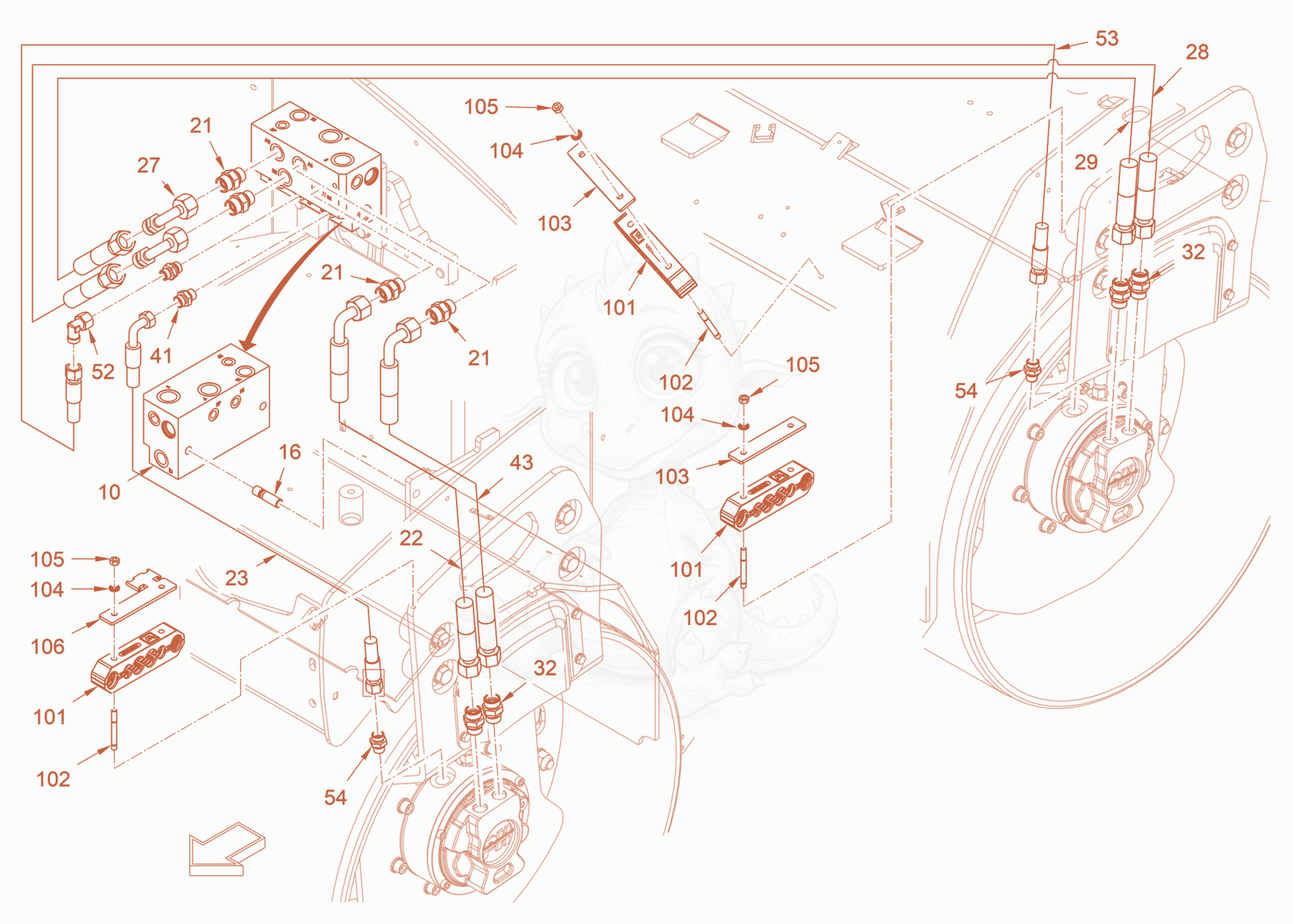 Exploded parts diagram of the drive hydraulics of a Wacker Neuson RD28-120DPF, with numbered balloons