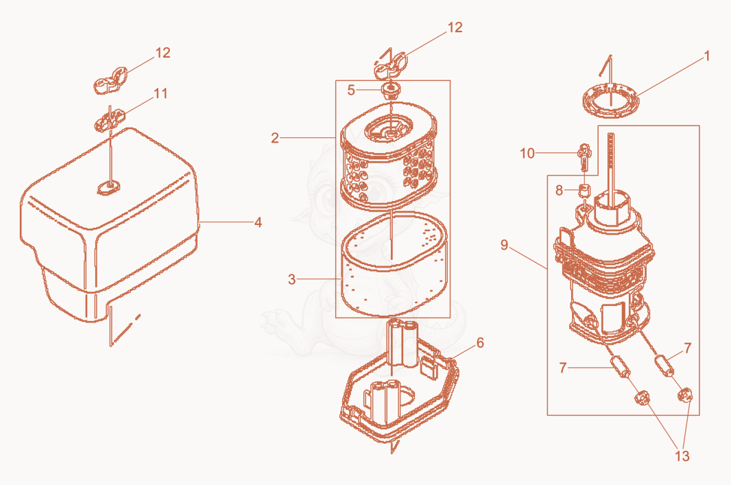 Despiece del Air Cleaner de una máquina Wacker Neuson BPU5045A, con globos numerados