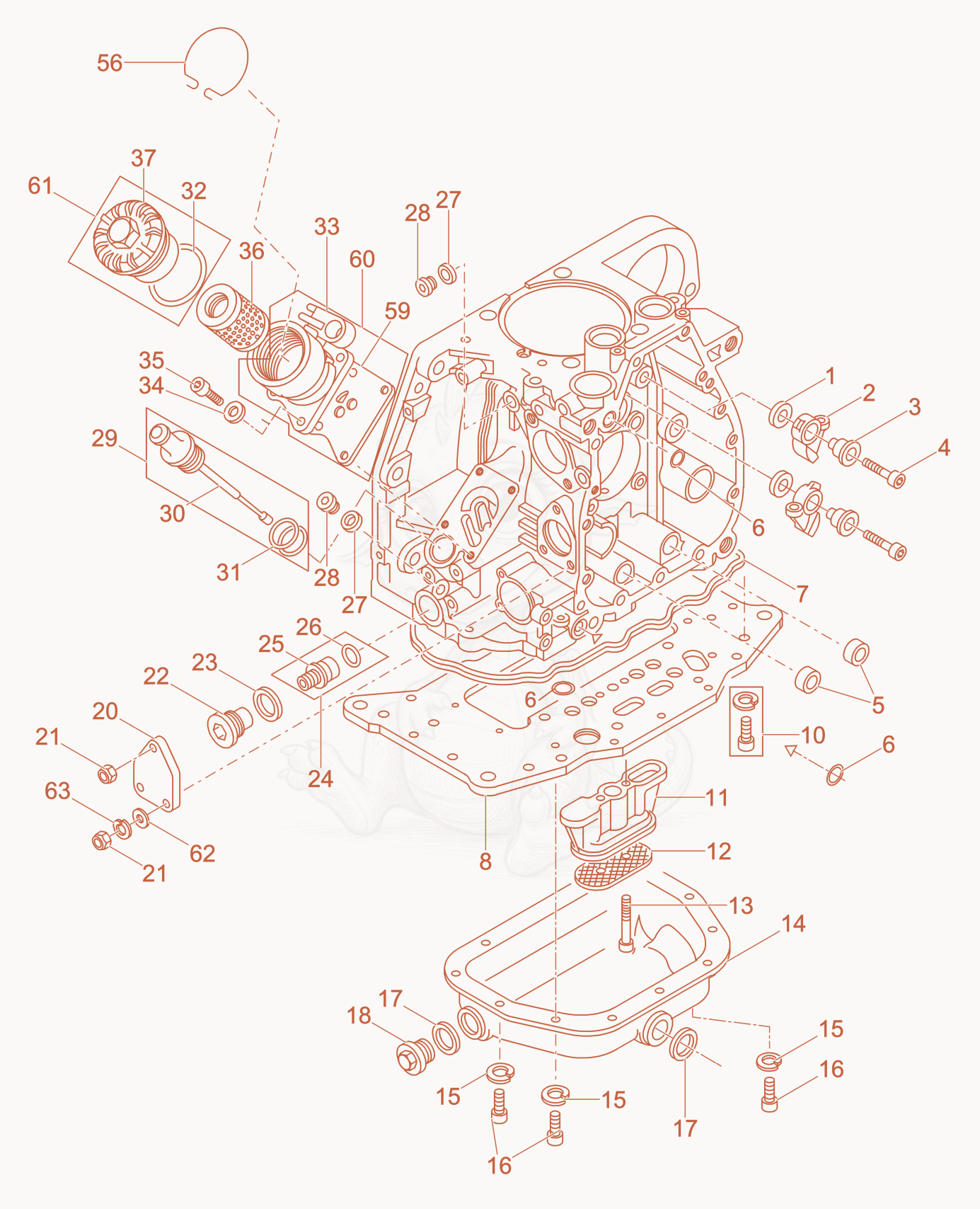 Exploded parts diagram of the Crankcase of a Wacker Neuson DPU6055, with numbered balloons