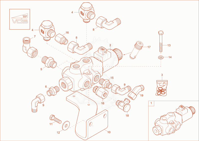 Exploded parts diagram of the change over valve (Option) of a Wacker Neuson ET35, with numbered balloons