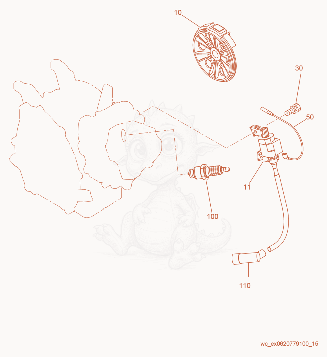 Exploded parts diagram of the Flywheel/Ignition Coil of a Wacker Neuson GPI3200, with numbered balloons