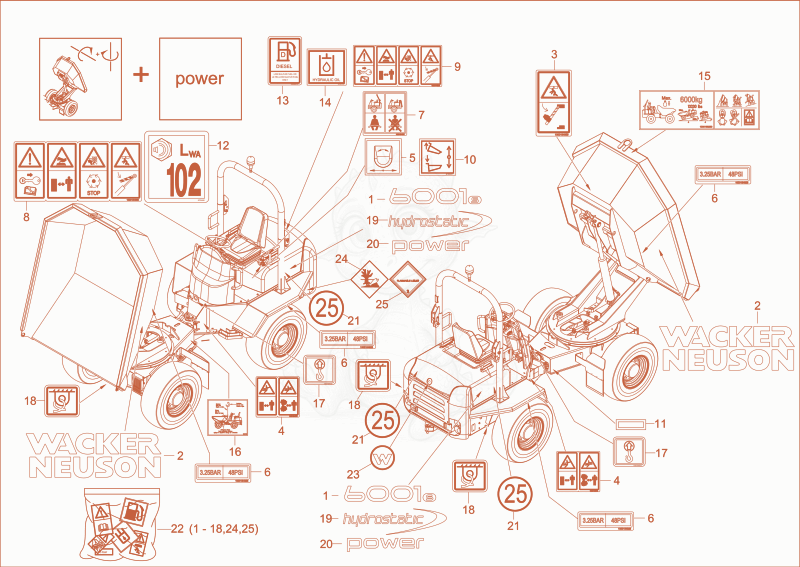 Exploded parts diagram of the STICKER (Option) of a Wacker Neuson 6001, with numbered balloons