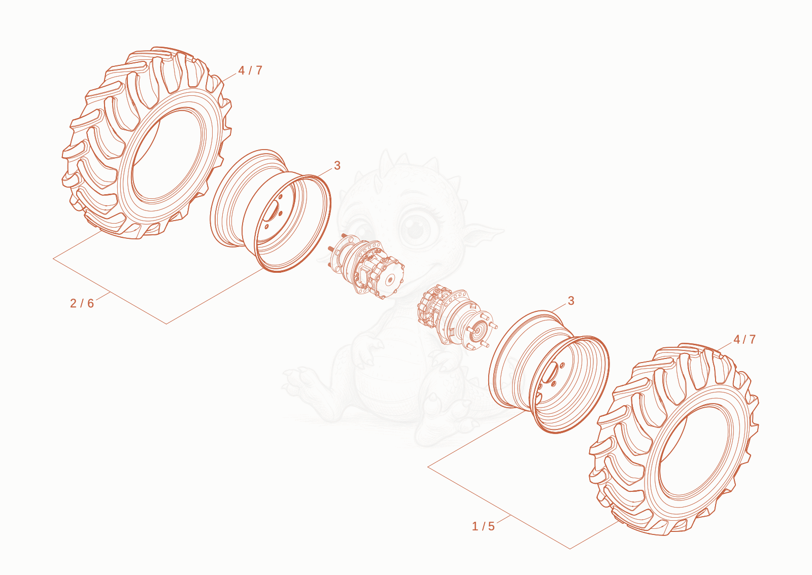 Exploded parts diagram of the WHEELS of a Wacker Neuson DW15, with numbered balloons