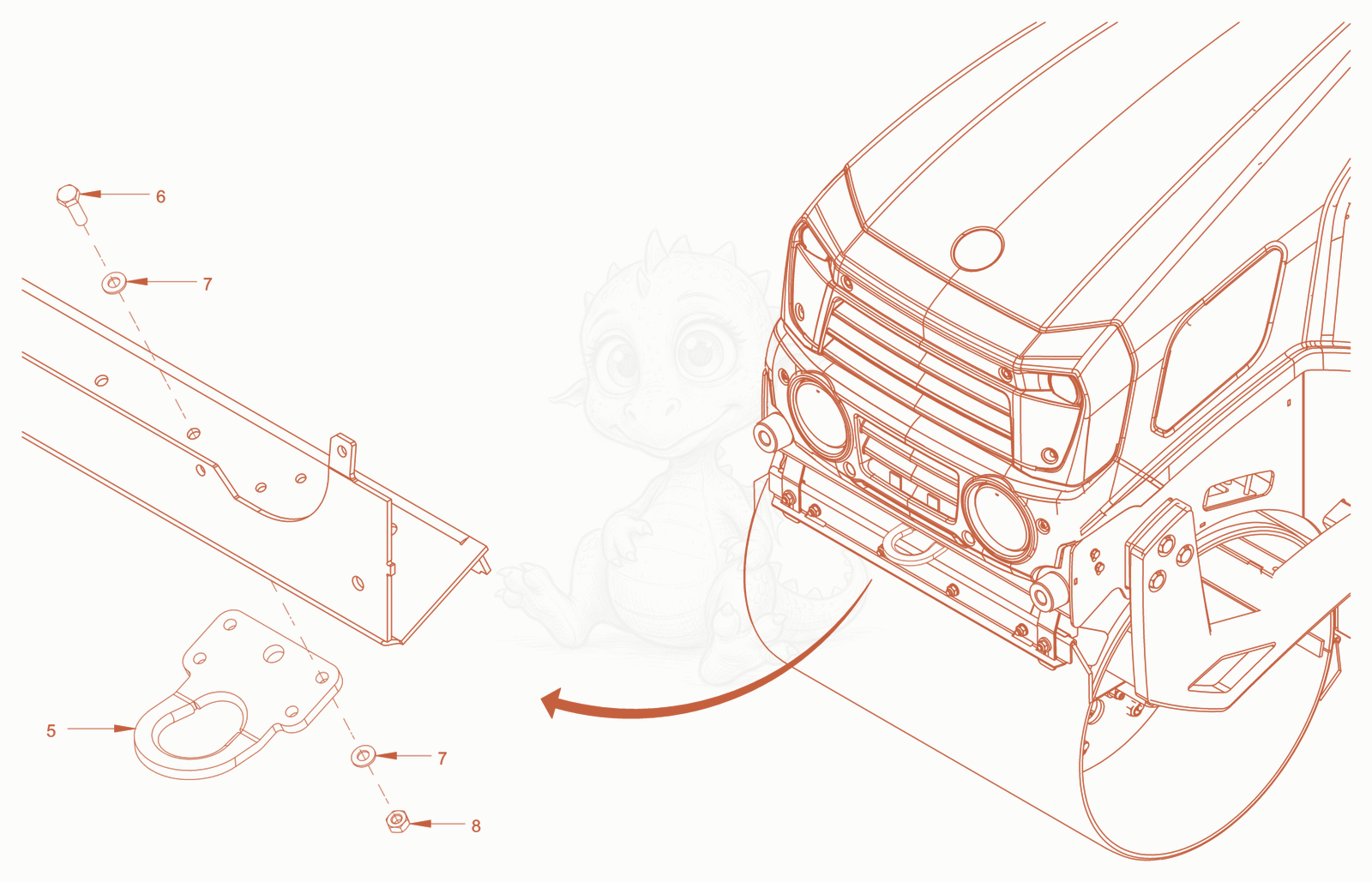 Exploded parts diagram of the trailer coupling of a Wacker Neuson RD45-140, with numbered balloons
