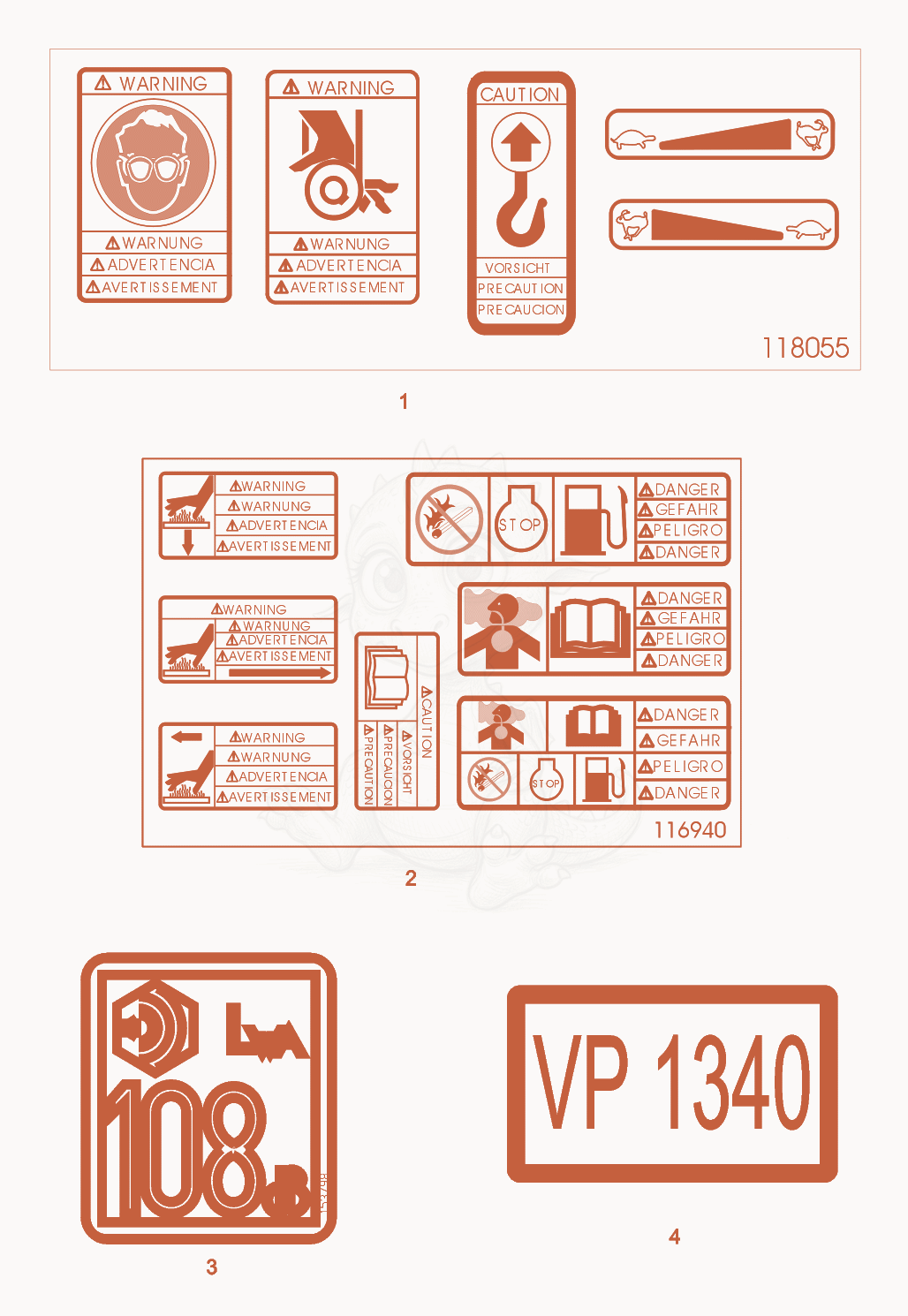 Exploded parts diagram of the Labels of a Wacker Neuson VP1340W-LL, with numbered balloons