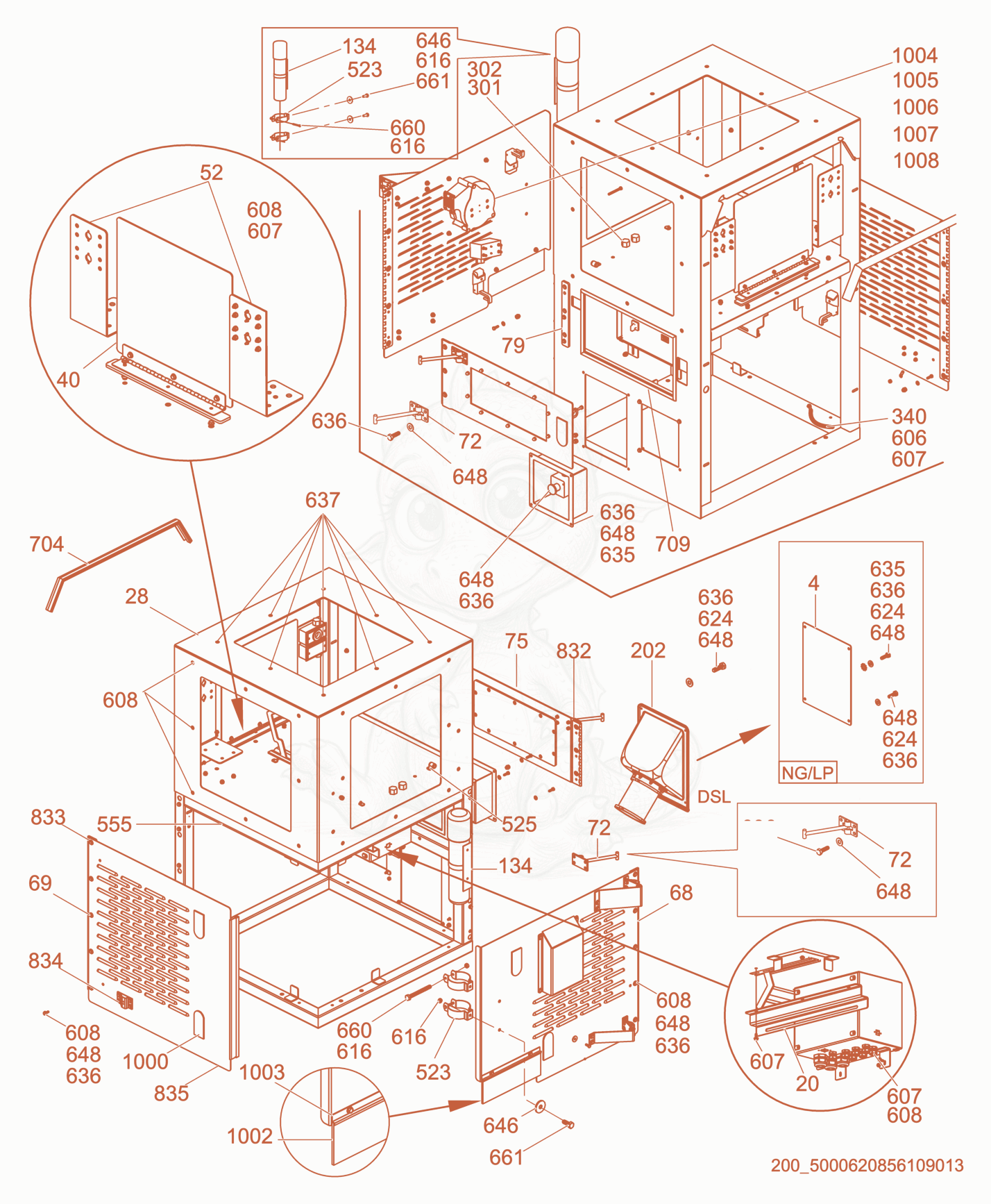 Exploded parts diagram of the Outlet Box of a Wacker Neuson HI750G, with numbered balloons