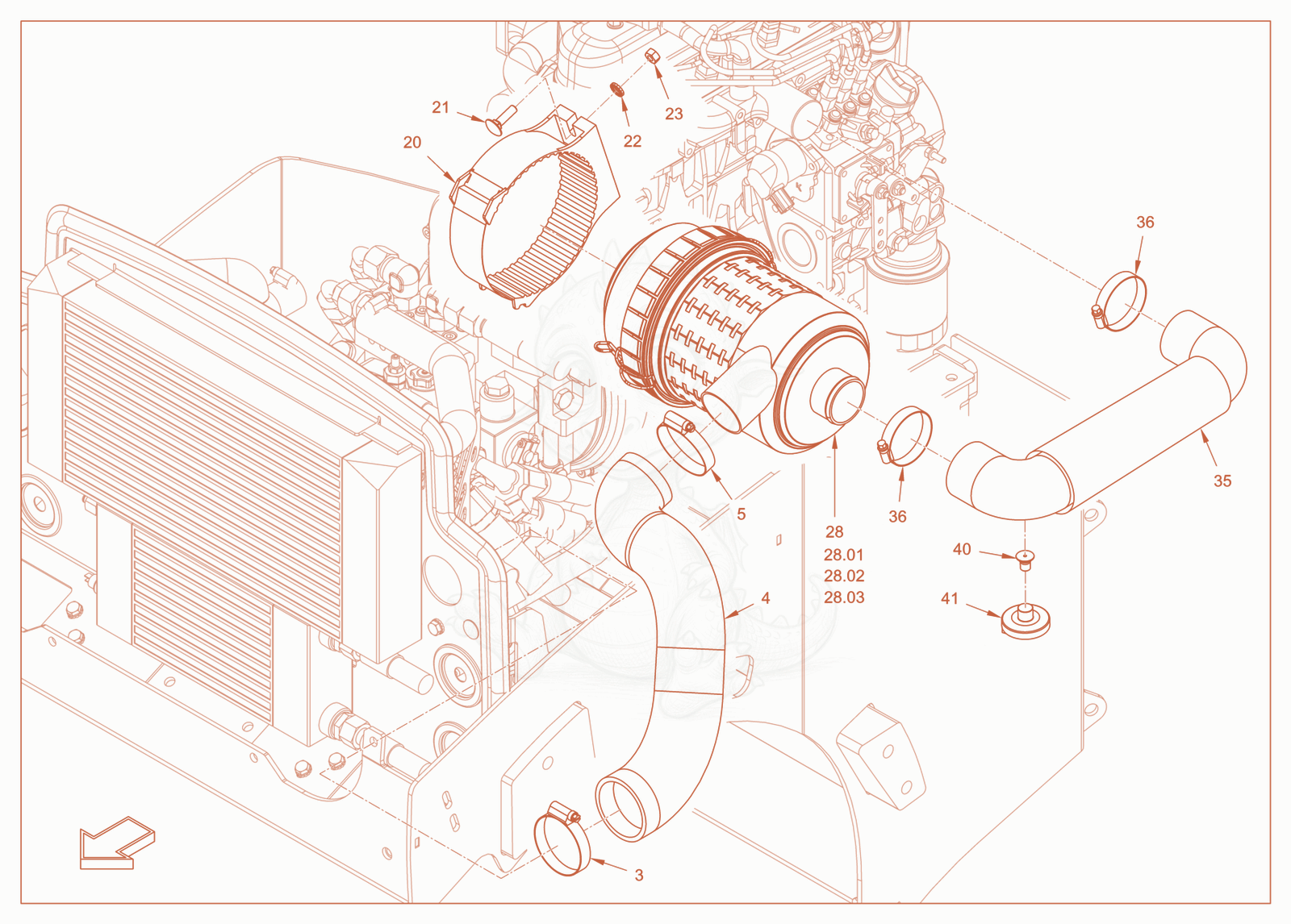 Exploded parts diagram of the air filter system of a Wacker Neuson RD18-100C.3, with numbered balloons
