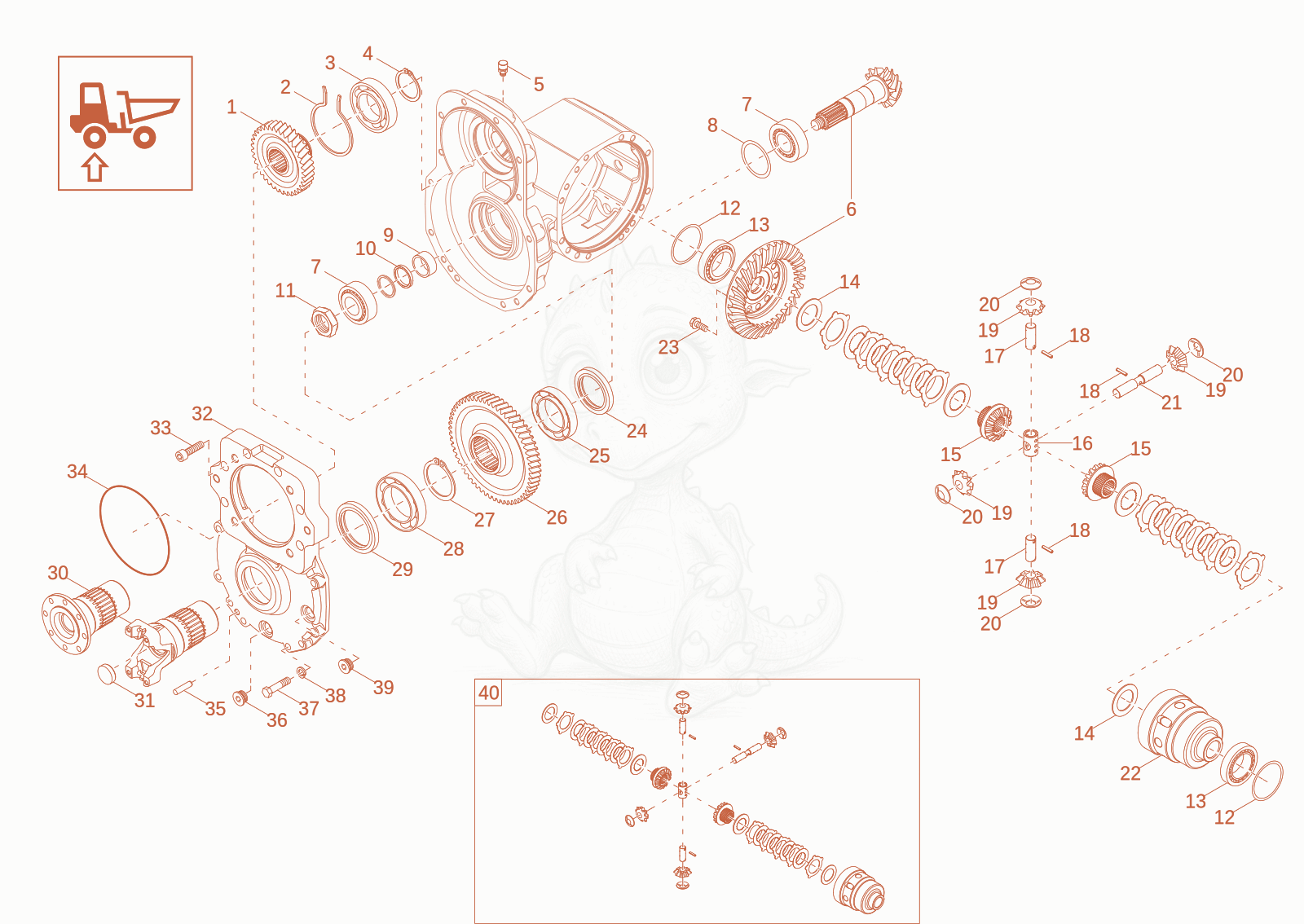 Despiece del differential axle de una máquina Wacker Neuson DW90-3, con globos numerados